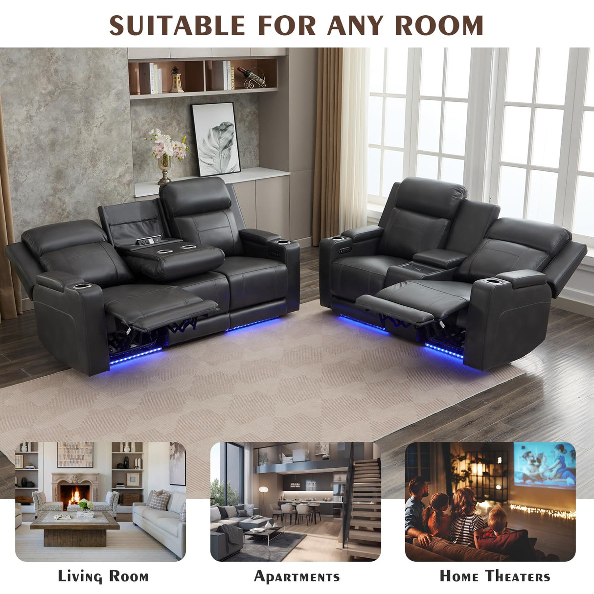 Netpane Breathable Leather Power Recliner Sofa Set with LED, Power Reclining Sofa and Loveseat Set with Adjustable Headrest/Wireless Charger/Storage Console for Living Room/HomeTheater (Grey&Black) Neptane