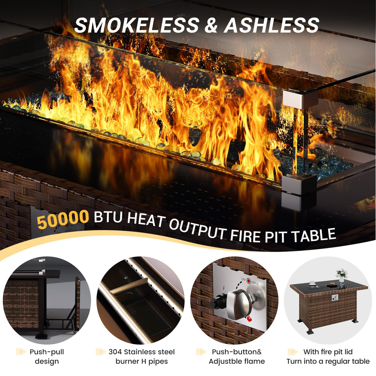 Amopatio Outdoor Patio Furniture Sets, 8 Pieces Wicker Patio Furniture, Outdoor Sectional Patio Couch Set with Ottoman, Outdoor Conversation Set with 44" Gas Fire Pit for Outside (Grey) Amopatio