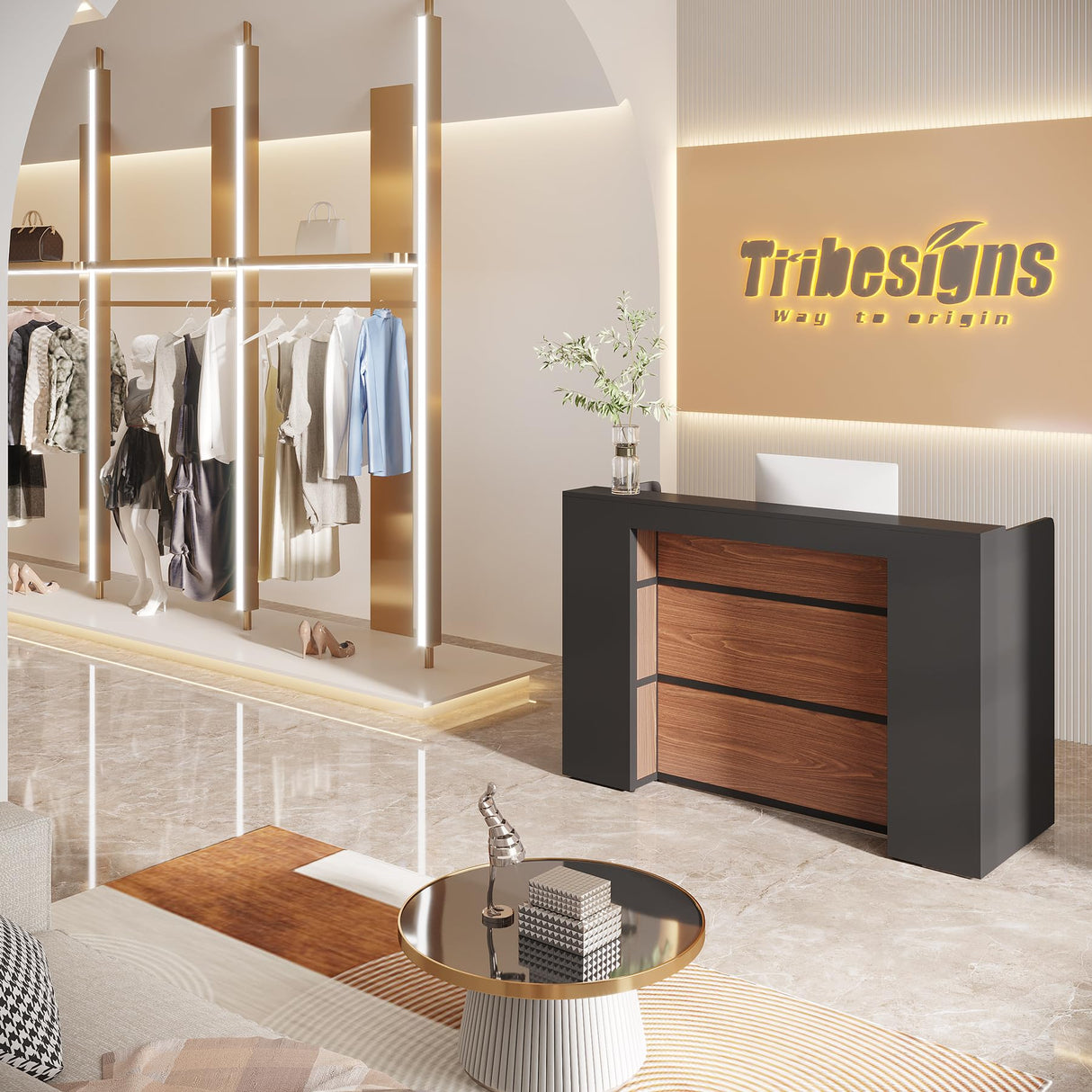 Tribesigns Modern Reception Desk with LED Lights, 63 Inches Front Counter Table for Reception Room, Lobby, Beauty Salon, Retail, Large Checkout Counter for Store Shop Clinic Office (Black&Brown) Tribesigns