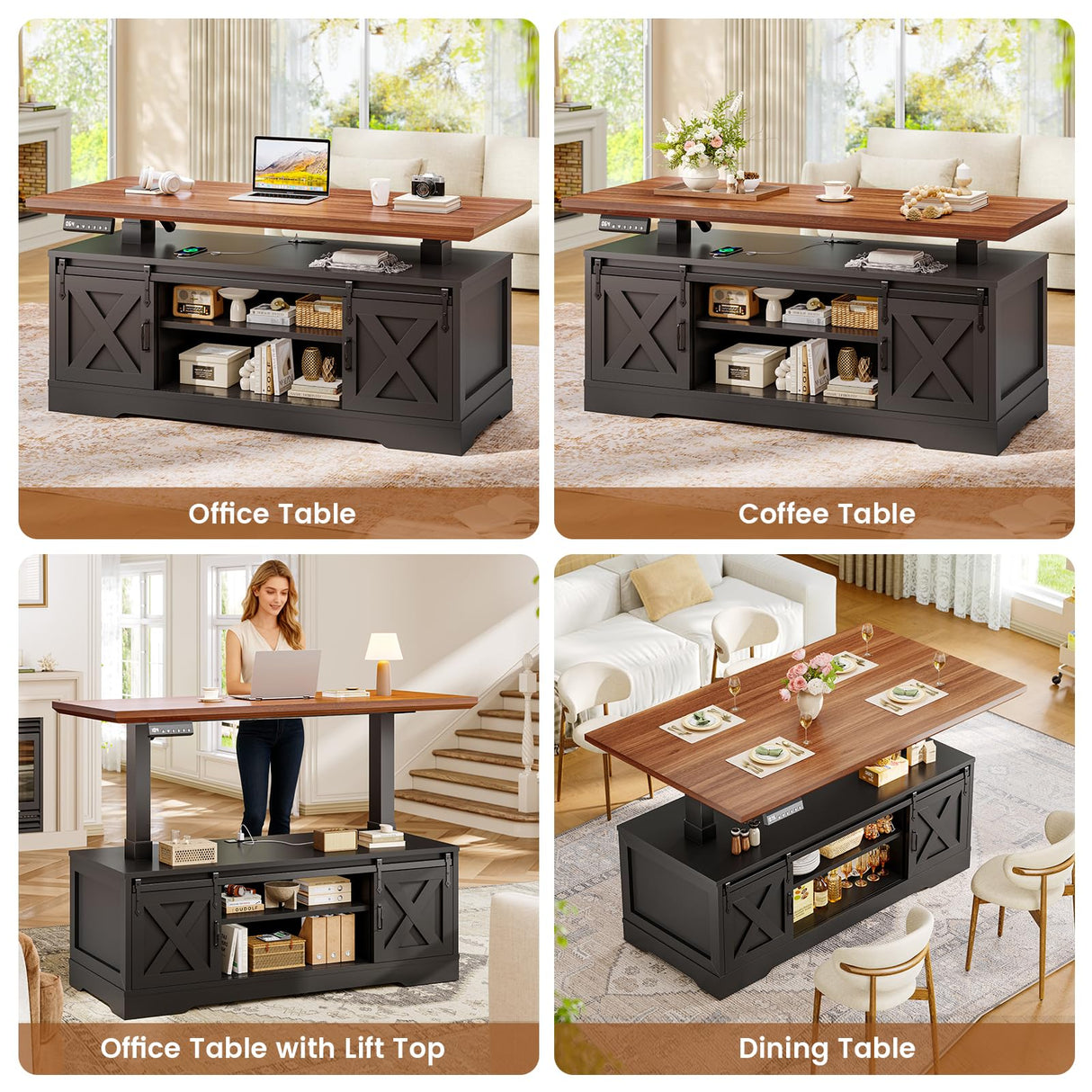 SEDETA Lift Top Coffee Table, Rectangle Coffee Table with Storage and Barn Door, Smart Height Adjustable Coffee Table with Power Outlet for Living Room, Black SEDETA