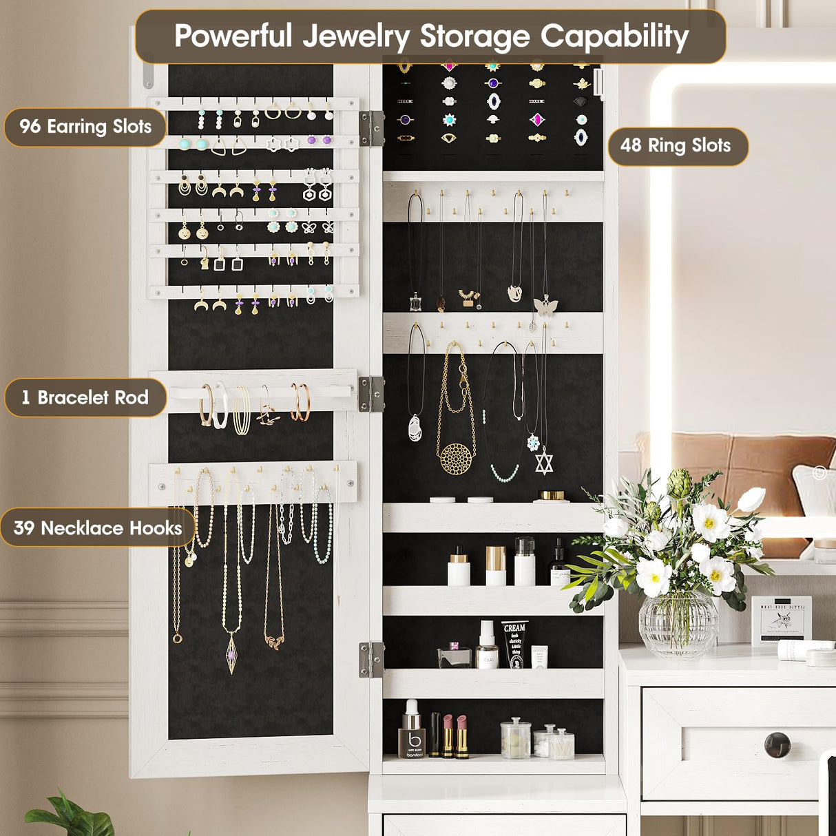 Makeup Vanity Desk with Mirror and Lights, White Vanity with Jewelry Storage Cabinet, Vanity Table Set with Chair and Large Drawer, Cabinets and Multi-Shelf, Charging Station, 3 Color Lighting Maupvit