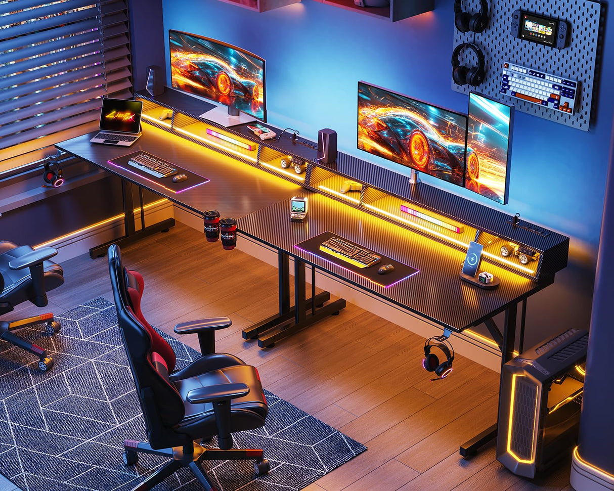 MOTPK Gaming Desk with Float Monitor Stand, Computer Desk 48inch with Shelves & Power Outlet, Gamer Desk Gaming Table with LED Lights, Kids Boys Gaming Desk, Black MOTPK