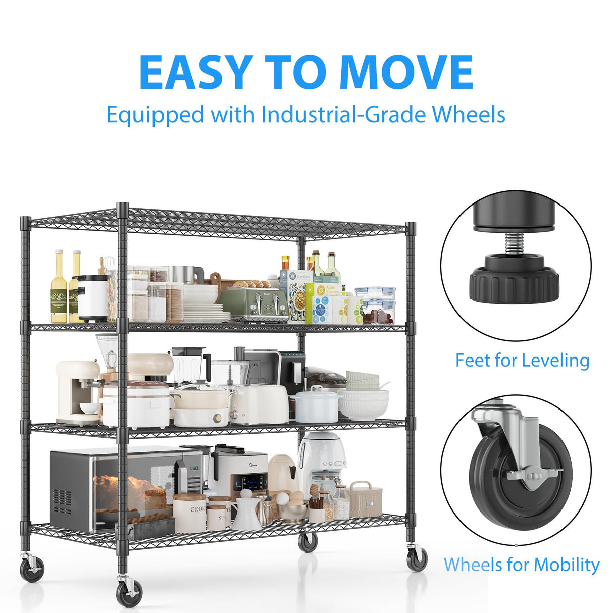 Homdox Heavy Duty Metal Shelves for Storage, 4 Tier Storage Racks and Shelving, Commercial Adjustable Wire Shelving Unit on Wheels, Garage Rack Pantry Shelves Kitchen Shelving, 24"x48"x72", Black Homdox