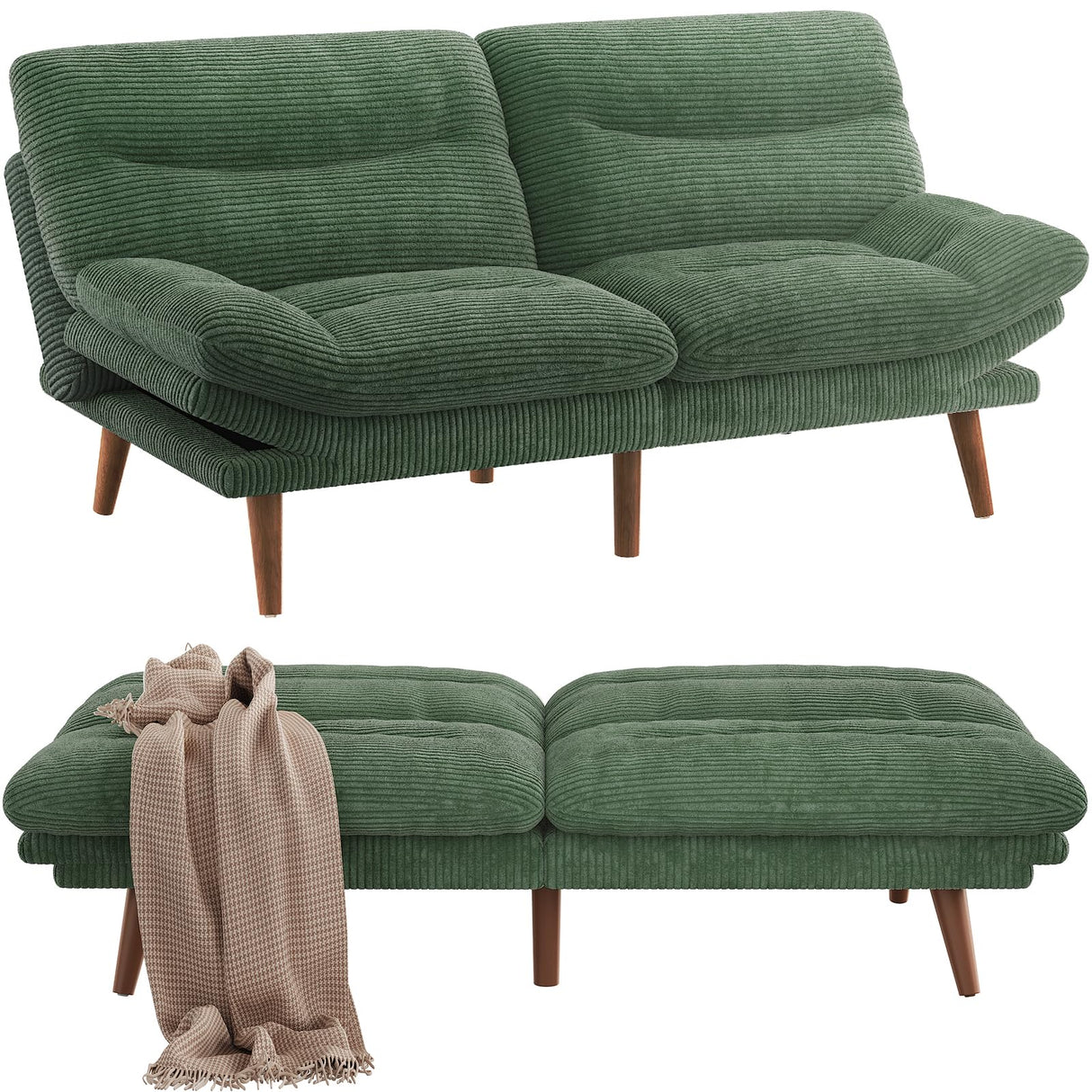 Pipishell Futon Sofa Bed, Modern 66" Futon Couch Convertible to Bed & Lounger, Compact Size, Comfortable Cushions, Durable Construction - Fits Small Spaces, Corduroy (Seaweed Green, 66 Inch) Pipishell