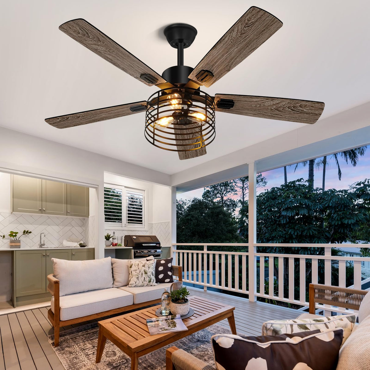 NEWORB 52 Inch Farmhouse Ceiling Fan with Light and Remote, Rustic 3-Light Caged Fan, 5 Dual Finish Blades, Industrial Black Fan for Bedroom, Patio, Living Room NEWORB