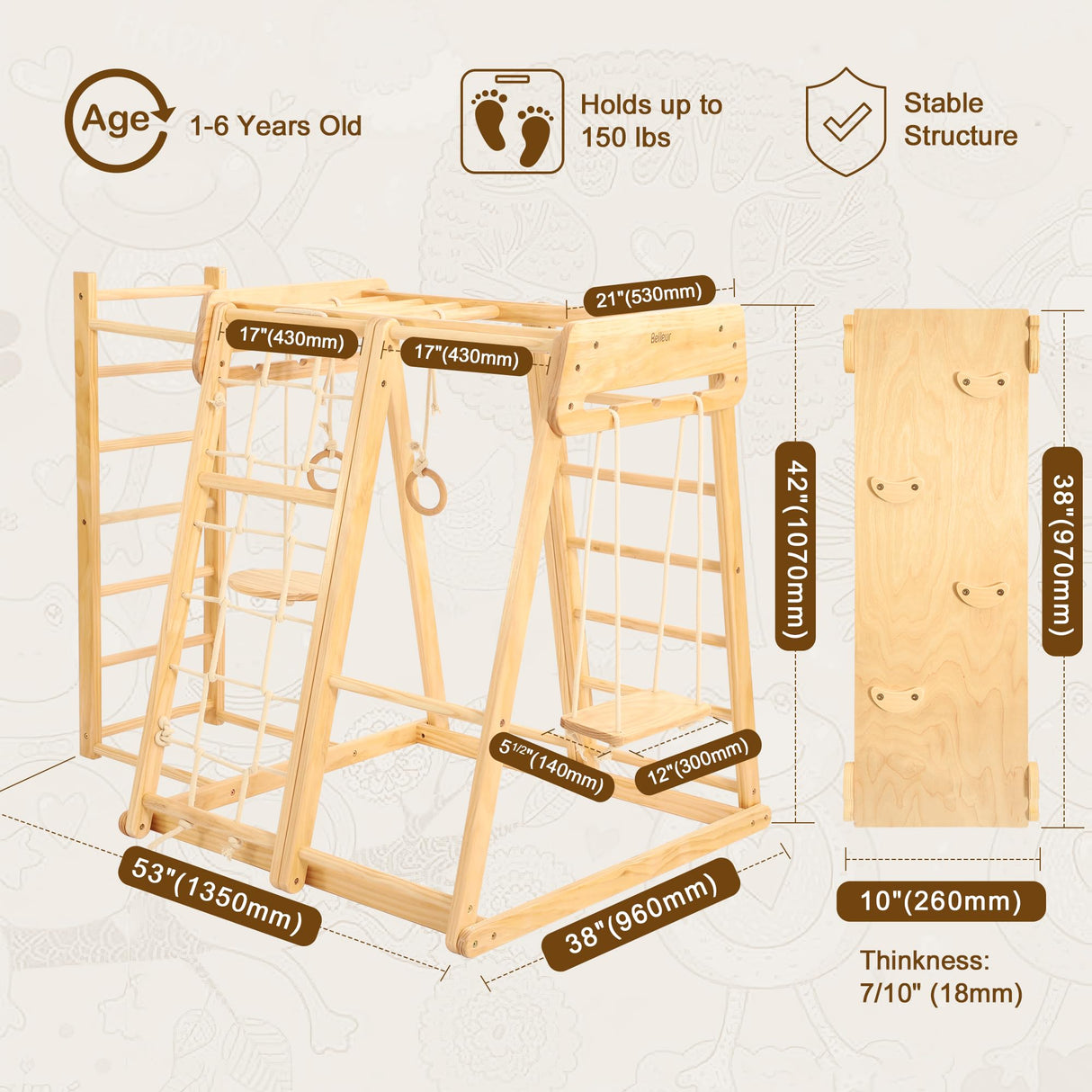 Belleur 8 in 1 Large Indoor Jungle Gym, Wooden Montessori Indoor Playground for Kids with Slide, Climbing Wall/Net, Rope Ladder, Monkey Bars, Swing, Hanging Ring, Climbing Toy for Toddler 2-8 Inside Belleur