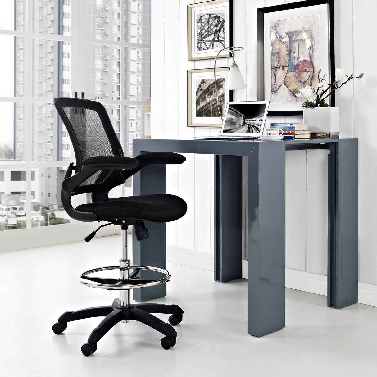 Modway Veer Reception Desk Flip-Up Arm Drafting Chair in Black Modway