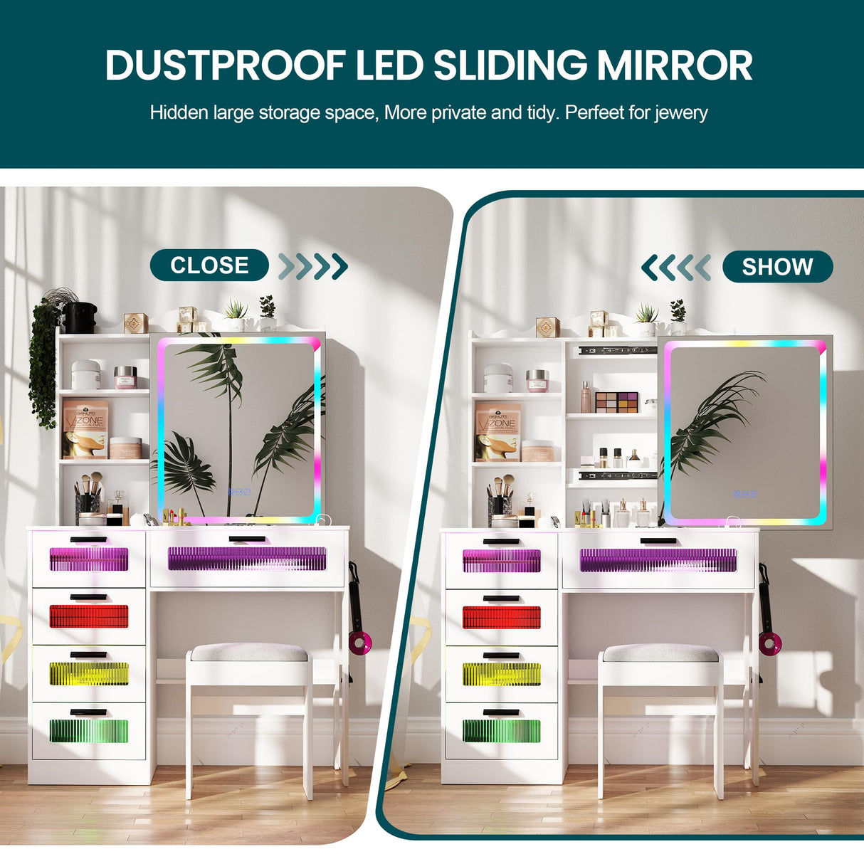 SumKea RGB LED Vanity Desk, Makeup Vanity Table with Mirror and Lights, Vanities Dressing Table with Drawers, Cushioned Stool, White SumKea