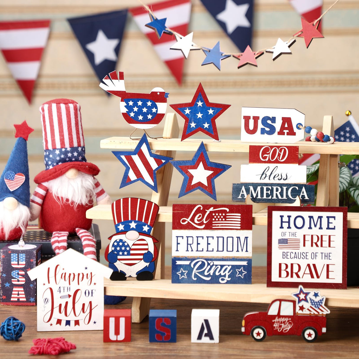 20 Pcs 4th of July Tiered Tray Decor Set - Patriotic Decorations for Independence Day & Memorial Day - Red, White & Blue Wooden Sign - Rustic Farmhouse Table Decor Mifoci