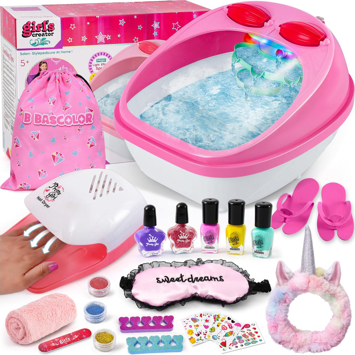 B Bascolor Kids Foot Spa & Nail Kit Set, Kids Spa Day Kit for Girls, Massage Foot Soak Tub and Nail Dryer, Manicure Pedicure Art Salon Girl Gift for 5-12, Christmas Birthday Gifts B Bascolor