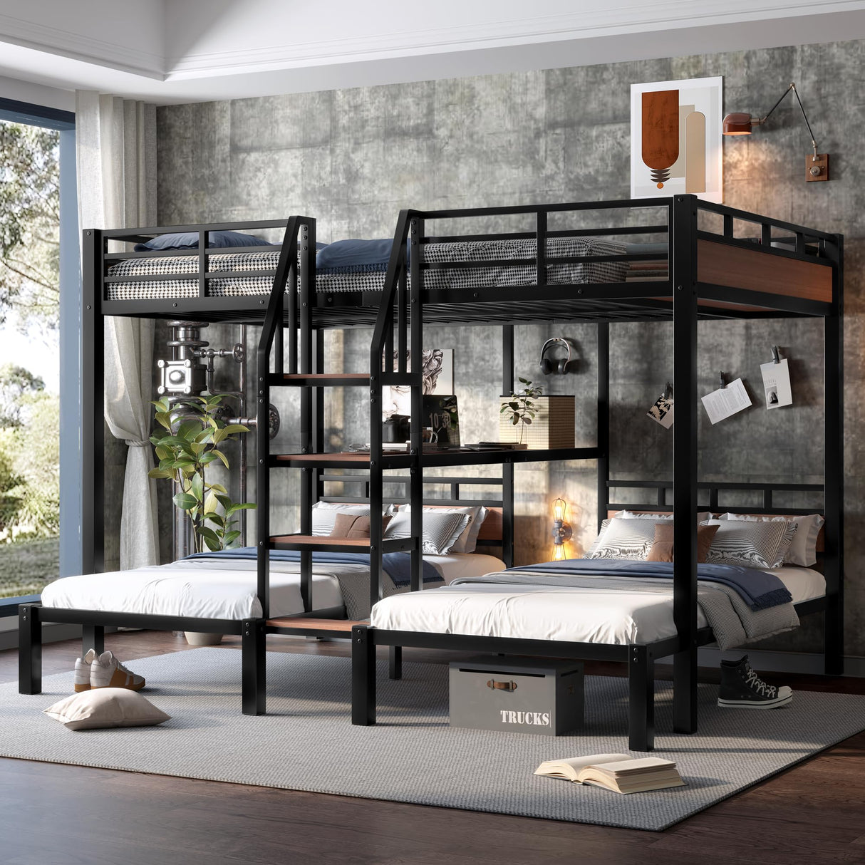 KEIKI Queen Over Twin Over Twin Metal Bunk Bed with Storage Shelves and Stairs, Triple Decker Bunk Bed Frame, Space Saving Heavy Duty Bed with Desk Shelf for Kids Teens Adults, Black KEIKI