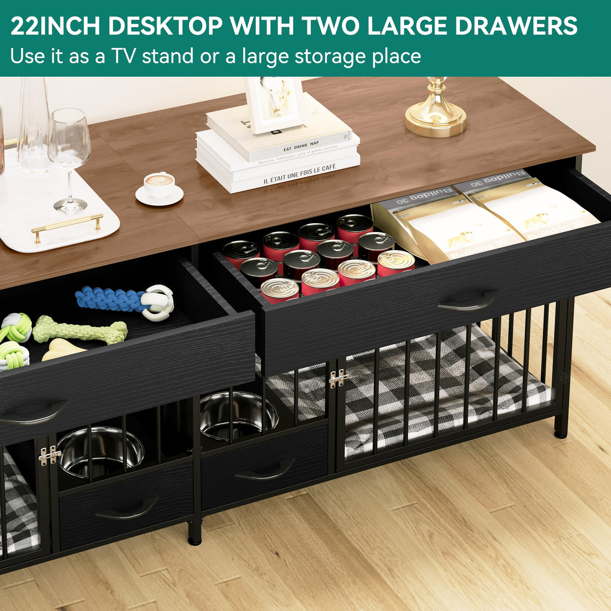 YITAHOME Double Dog Kennel Furniture TV Stand,Indoor Dog Crate Furniture Large Breed with Storage&Dog Feeder, 74.8" Inch Wooden Decorative Dog Kennel YITAHOME