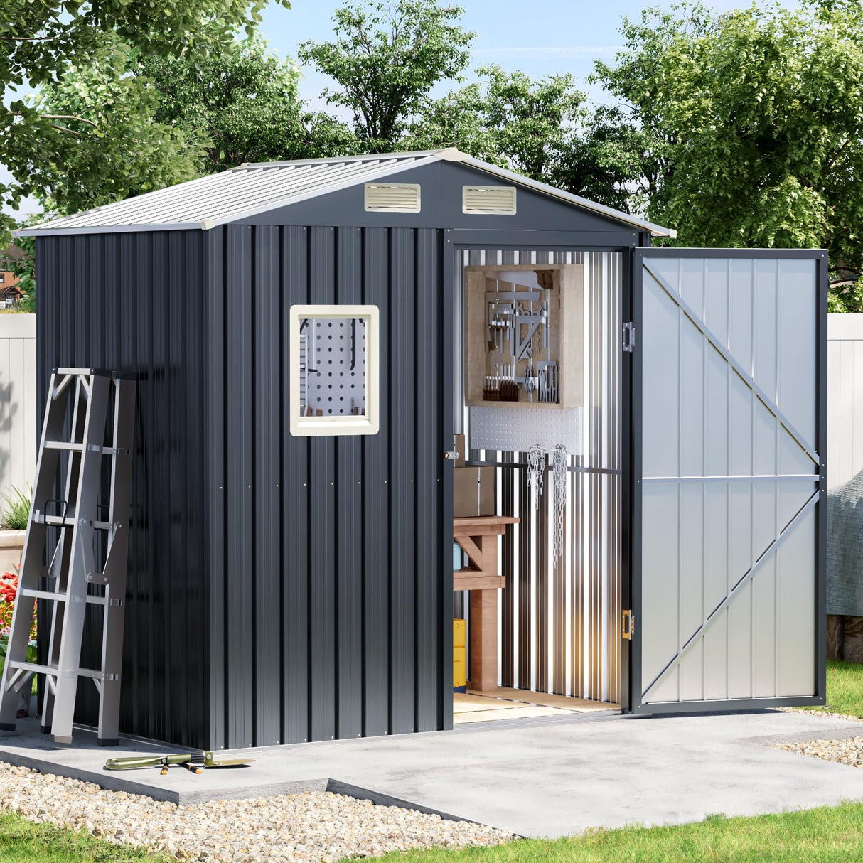 Grovellis Update Version 6x4 FT Outdoor Metal Storage Shed, Single Door, 1 Clear Window, Tool Shed for Garden, Patio, Backyard Nightblue Grovellis