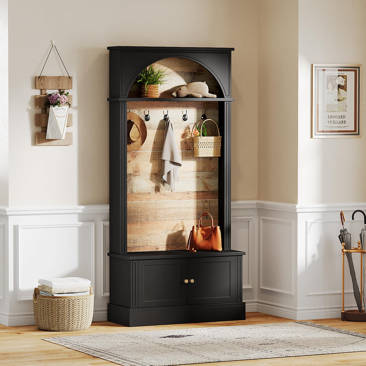 Tribesigns 70.86" Hall Tree with Storage Bench, 4-in-1 Design Entryway Bench with Coat Rack, Farmhouse Hall Tree with 5 Hooks and Adjustable Shoe Storage for Entryway, Hallway(Black+Brown) Tribesigns