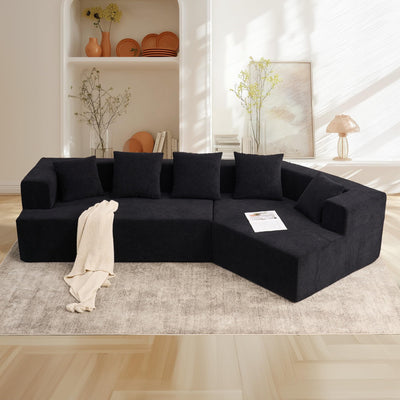 129.5" Modular Sectional Sofa, Cloud Memory Foam Couch, Modern Curved Couch Chenille Upholstered Deep Seat Sofa with 5 Pillows, No Assembly Required Oversized Corner Couches for Living Room (Black)