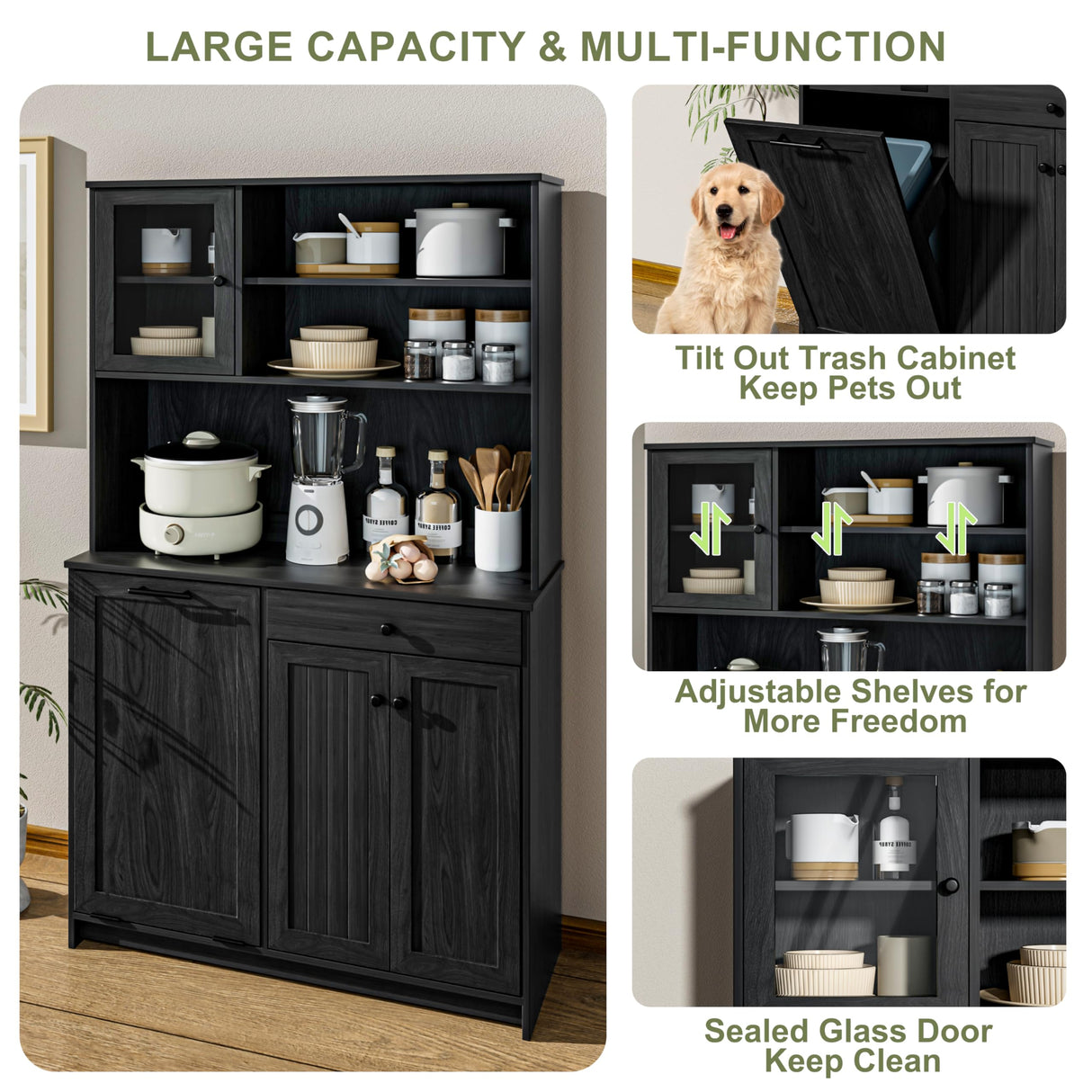 XM-ICE Freestanding Tilt-Out Trash Can Cabinet with Deodorising Function, 70" Kitchen Pantry, Storage with Microwave Shelf & Adjustable Shelves for 10 Gallons Bin, Kitchen Hutch, Black XM-ICE