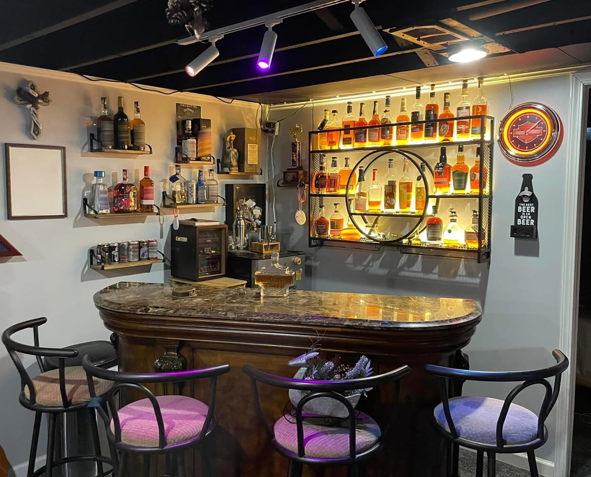 Liquor Bottles Bar Shelves Wall Mounted with LED Lighting Glass Holder, Wine Rack 3-Tiers Display Storage Organizer Hanging Long Stemware Goblet Metal for Home Cellar Black 47in Generic