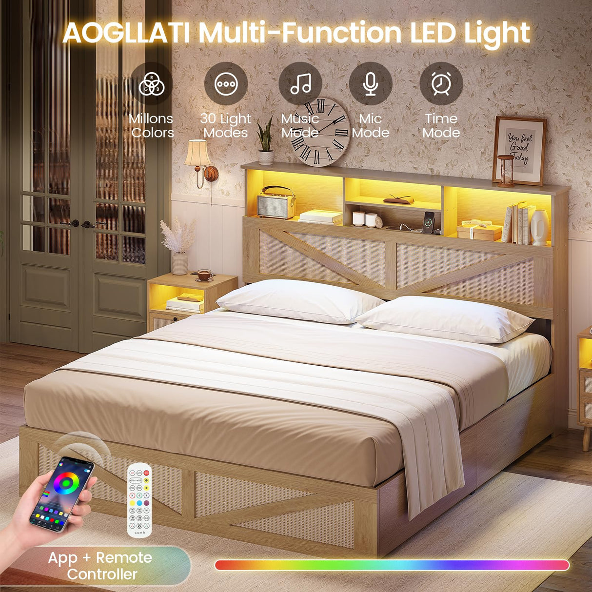 AOGLLATI Full Size Bed Frame with 4 Storage Drawers and 2-Tier Bookcase Hidden Headboard, Rattan Led Bed Frame Full Size with Charging Station, No Box Spring Needed, Wood AOGLLATI