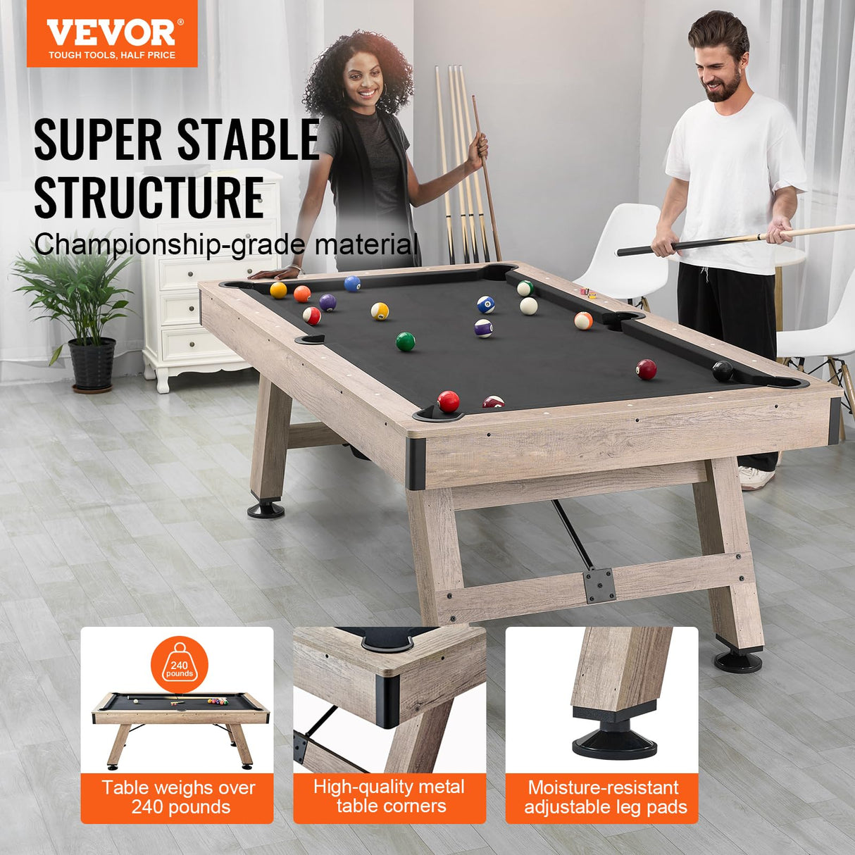 VEVOR Billiards Table, 7 ft Pool Table, Adjust Legs Stable Billiards Table, Pool Table Set Includes Balls, Cues, Chalks and Brush, Wood Color with Black Cloth, Perfect for Family Game Room Kids Adults VEVOR
