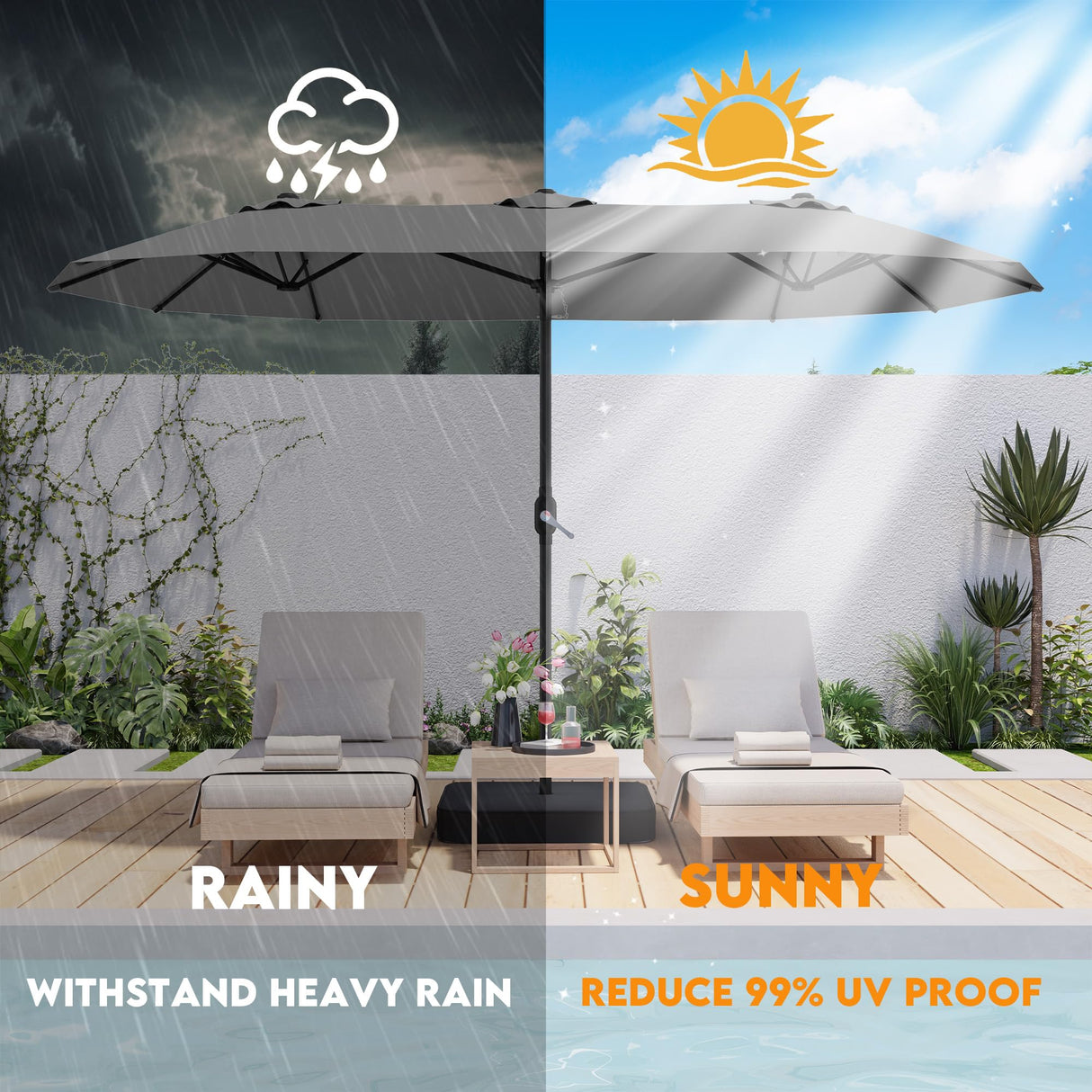 DomeShade 15ft Patio Umbrella with Base,Large Outdoor Double-Sided Rectangle Umbrella with Crank Handle, Market Umbrella for Poolside Garden Deck Backyard Beach Pools, Gray DomeShade