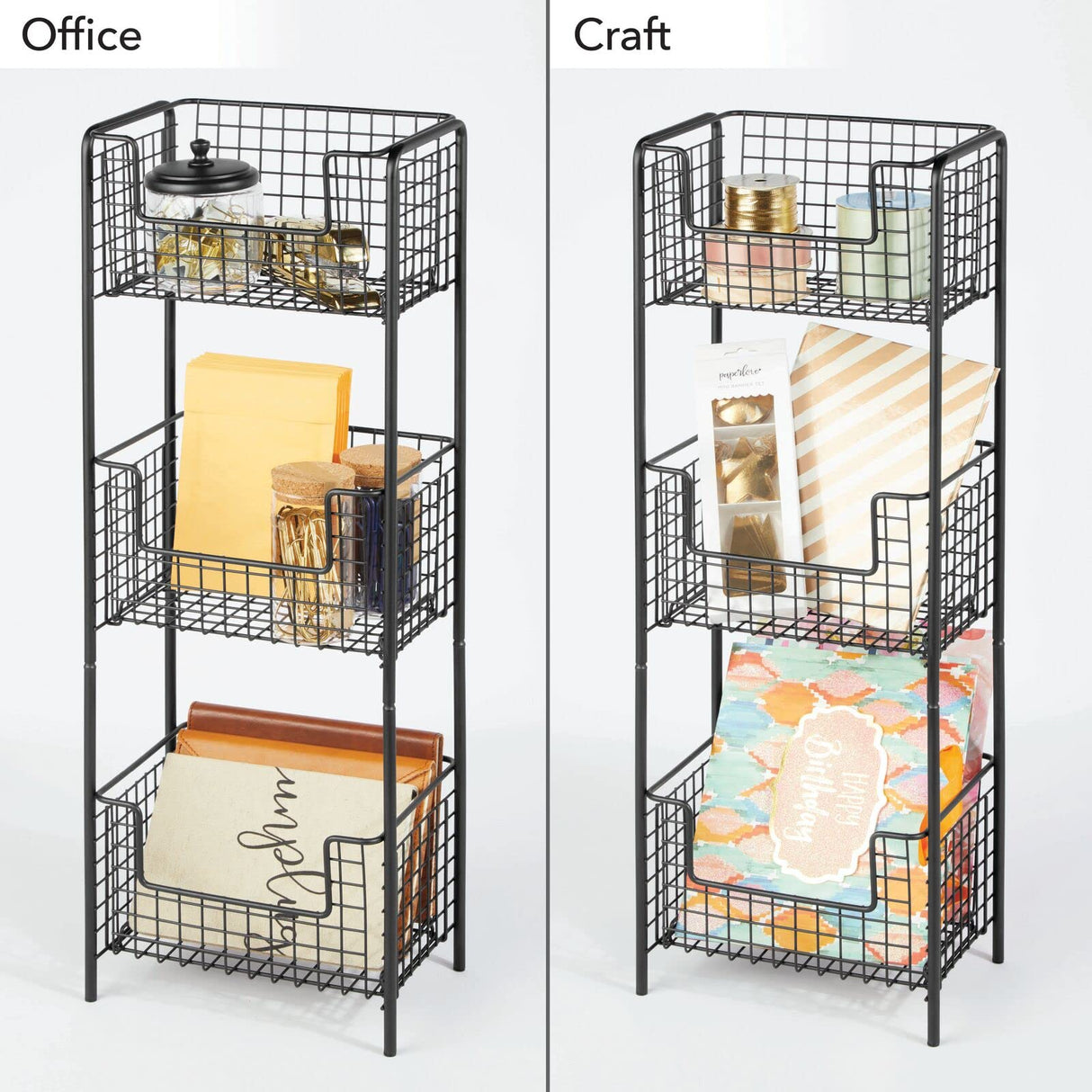 mDesign Steel Freestanding Storage Organizer Tower Rack Basket Shelf, Metal 3-Tier Furniture Unit for Master/Guest Bathroom, Powder Room - Holds Bath Towels, Soap - Concerto Collection - Black mDesign