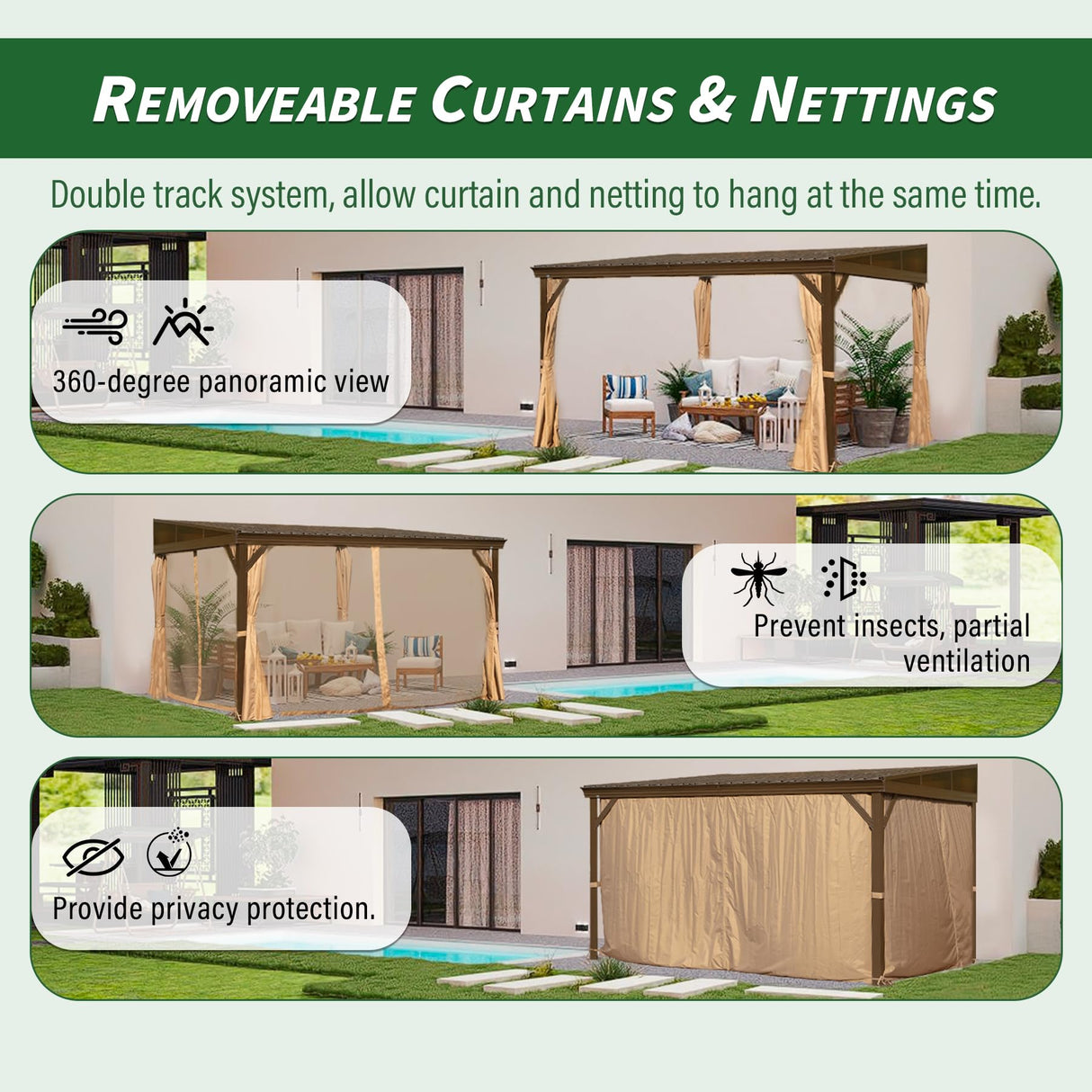 Domi 10x14FT Lean to Gazebo with Gutters, Outdoor Wall Mounted Pergola Hardtop with Galvanized Steel Sloping Roof, Patio Metal Canopy with Curtains and Nettings, Outside Awning for Backyard, Garden domi outdoor living