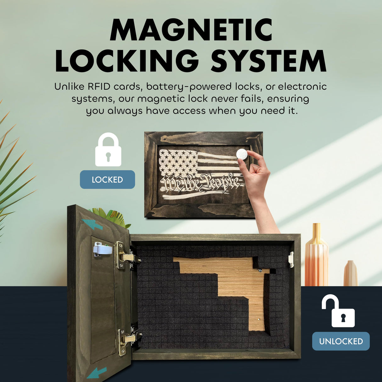 We The People Patriotic Gun Concealment Furniture - Handcrafted Hidden Gun Storage Wall Decor - Hidden Gun Shelf with Magnetic Lock for Quick Access - by Bellewood Designs (Black and White) Bellewood Designs