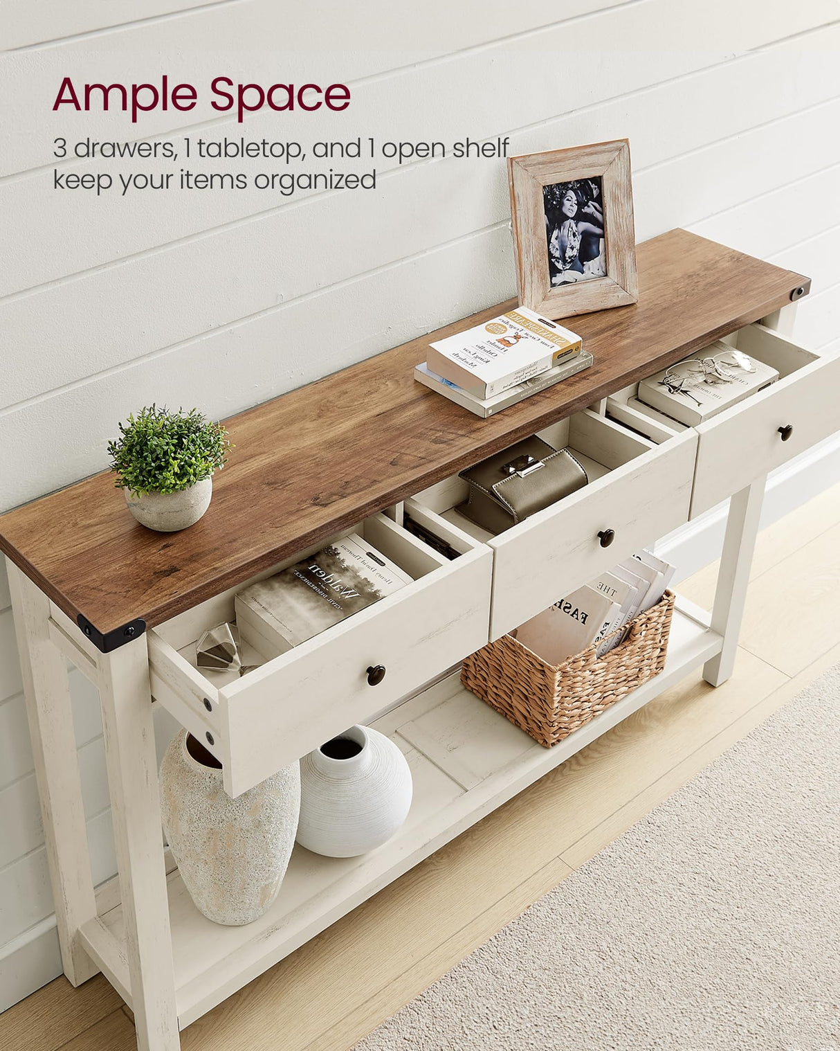 VASAGLE Console Table, Sofa Table, Narrow Entryway Table, Entry Table with 3 Drawers, Open Storage Shelf, Metal Corners, for Living Room, Farmhouse Style, Honey Brown and Rustic White ULNT142WJ02S VASAGLE