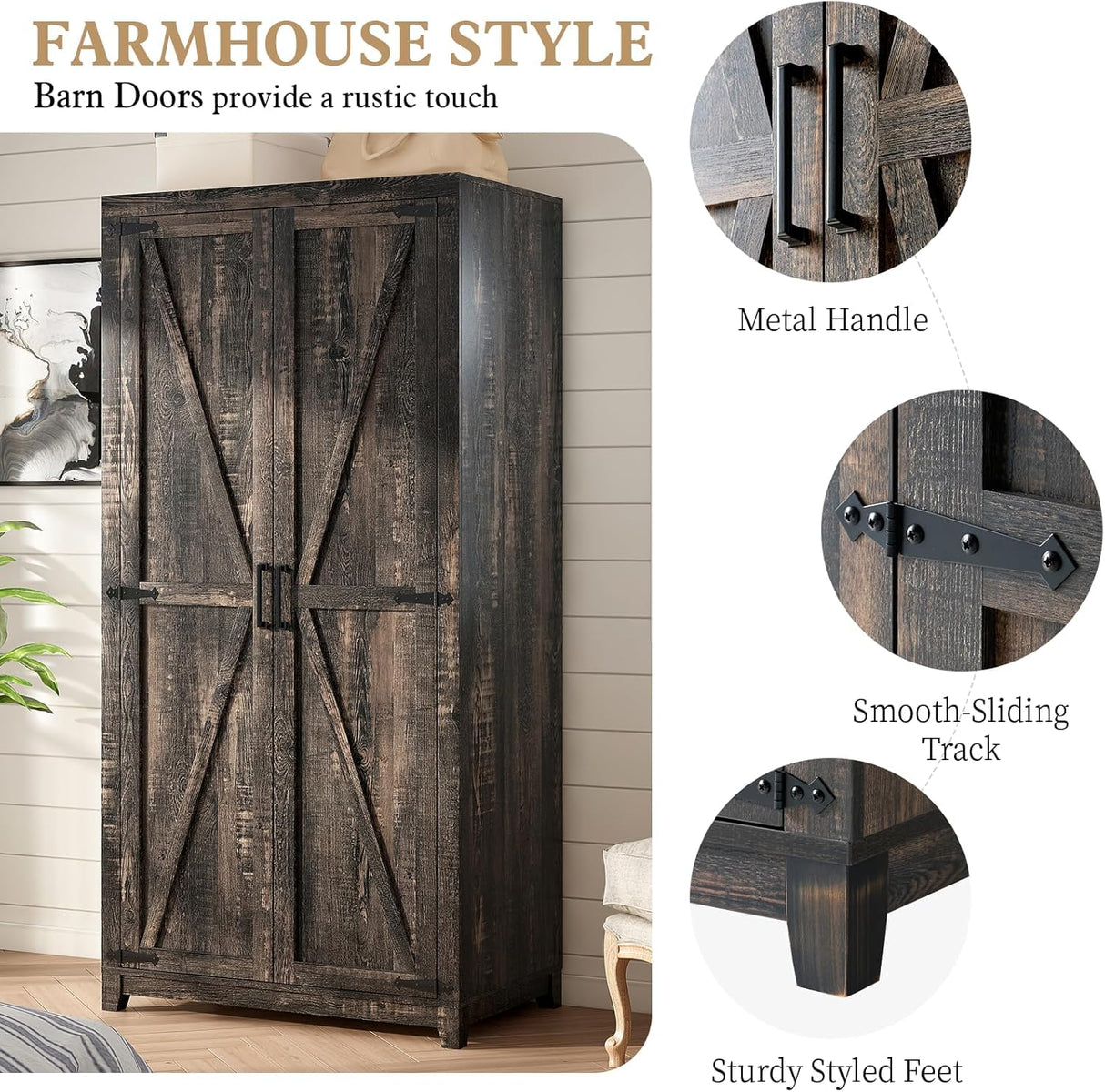 LUXOAK 70" Large Armoire Wardrobe Closet Set of 2 with Hanging Rod, Farmhouse Clothing Storage Cabinet with 4 Barn Doors, Wooden Tall Bedroom Armoires with Shelf, Dark Oak Wood LUXOAK