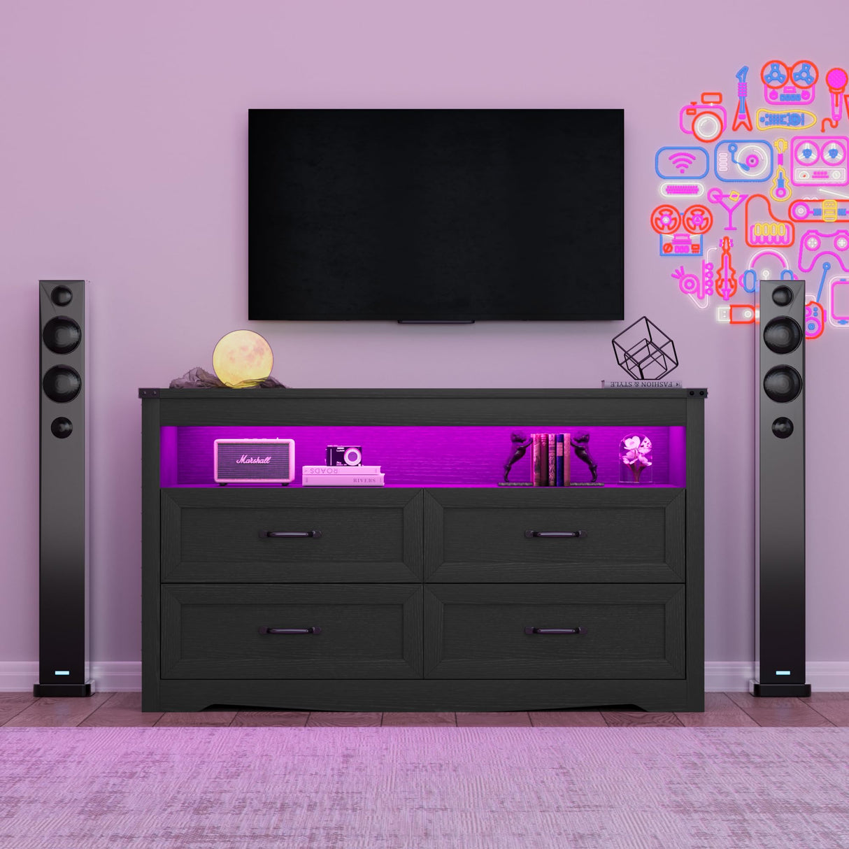 METOTI Black Dresser for Bedroom with 4 Drawers, Dresser and Chest of Drawers with LED Lights for Up to 60-inch TV, for Living Room, Entryway, Hallway(Black) METOTI