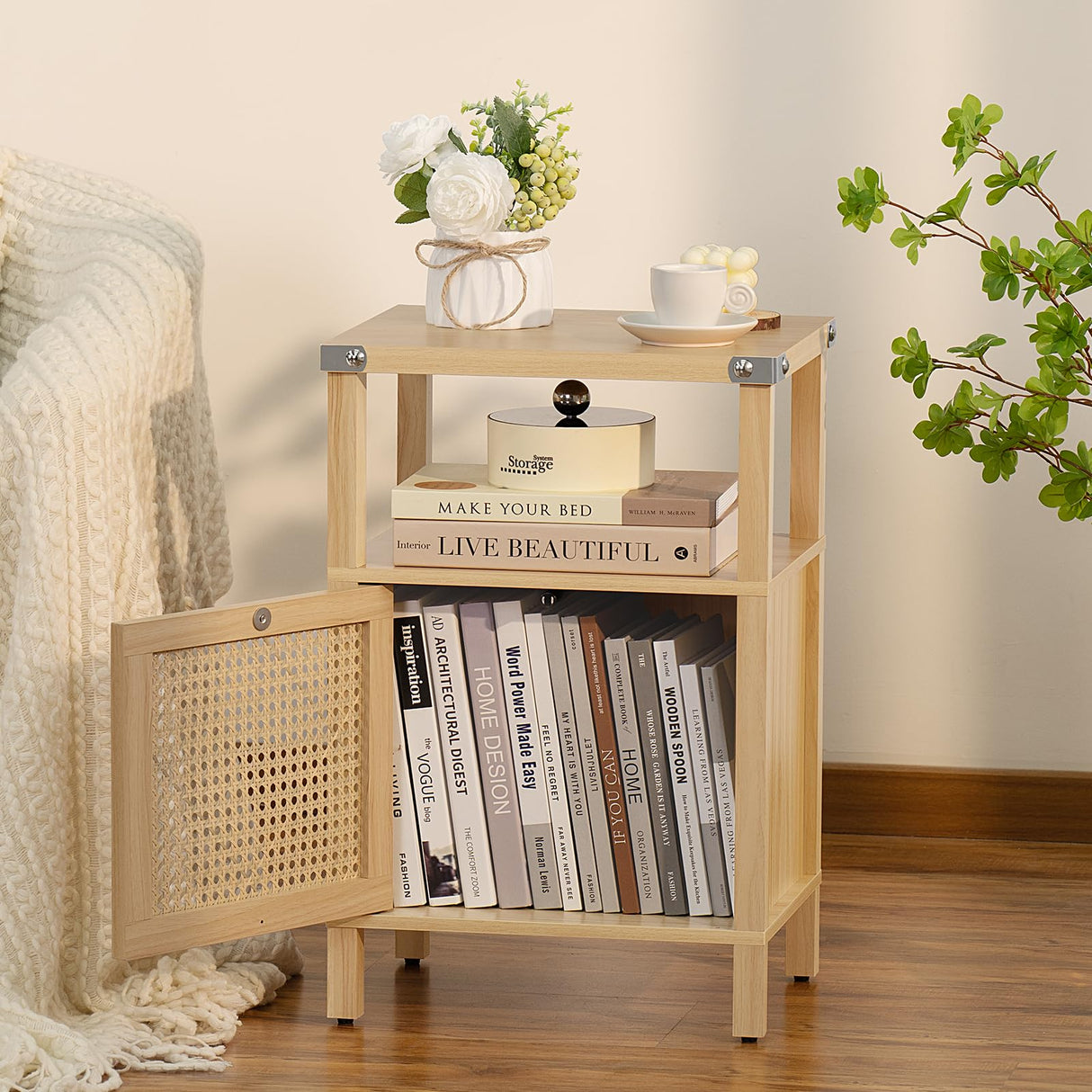 Lerliuo Rattan Nightstand, Boho Side End Table with Handmade Natural Rattan Decorated Door and Open Shelf, Wood Accent Night Stand with Storage, Bedside tables for Bedroom, Living Room (Natural) Lerliuo