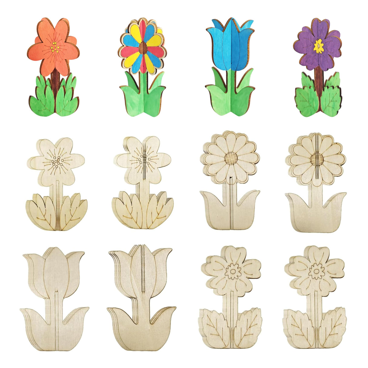 BENIMUS DIY 3D Flower Spring Wood Crafts to Paint, Spring Unfinished Wooden Slices for Craft, Flowers Ornaments for Painting Decorations (32 PCS) BENIMUS