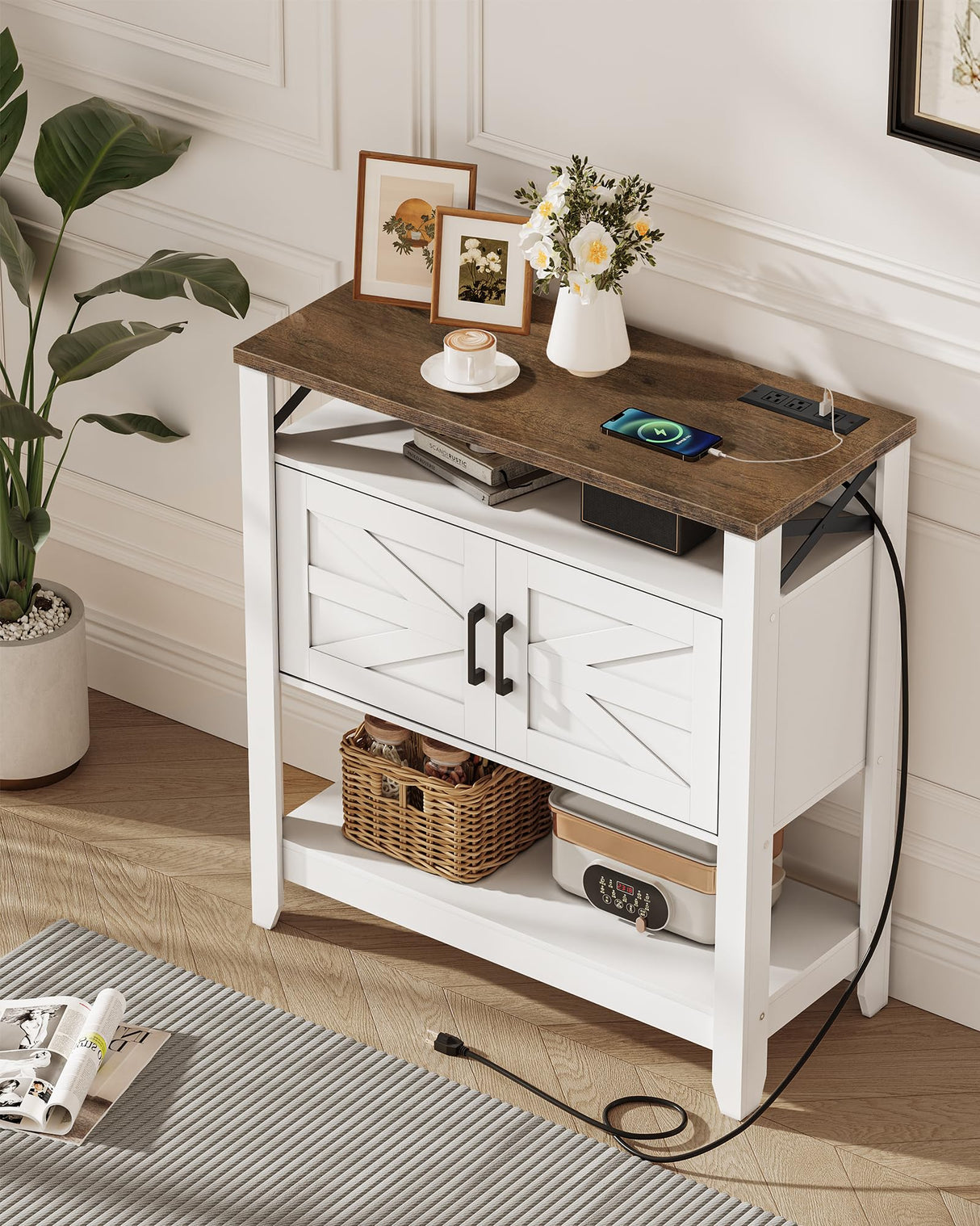CHOEZON Console Table, Farmhouse Sofa Table with Power Outlet, Entryway Table with Cabinet and Open Shelves, Coffee Bar Cabinet with Storage for Entrance, Hallway, Kitchen, White and Walnut MXG01UWL CHOEZON