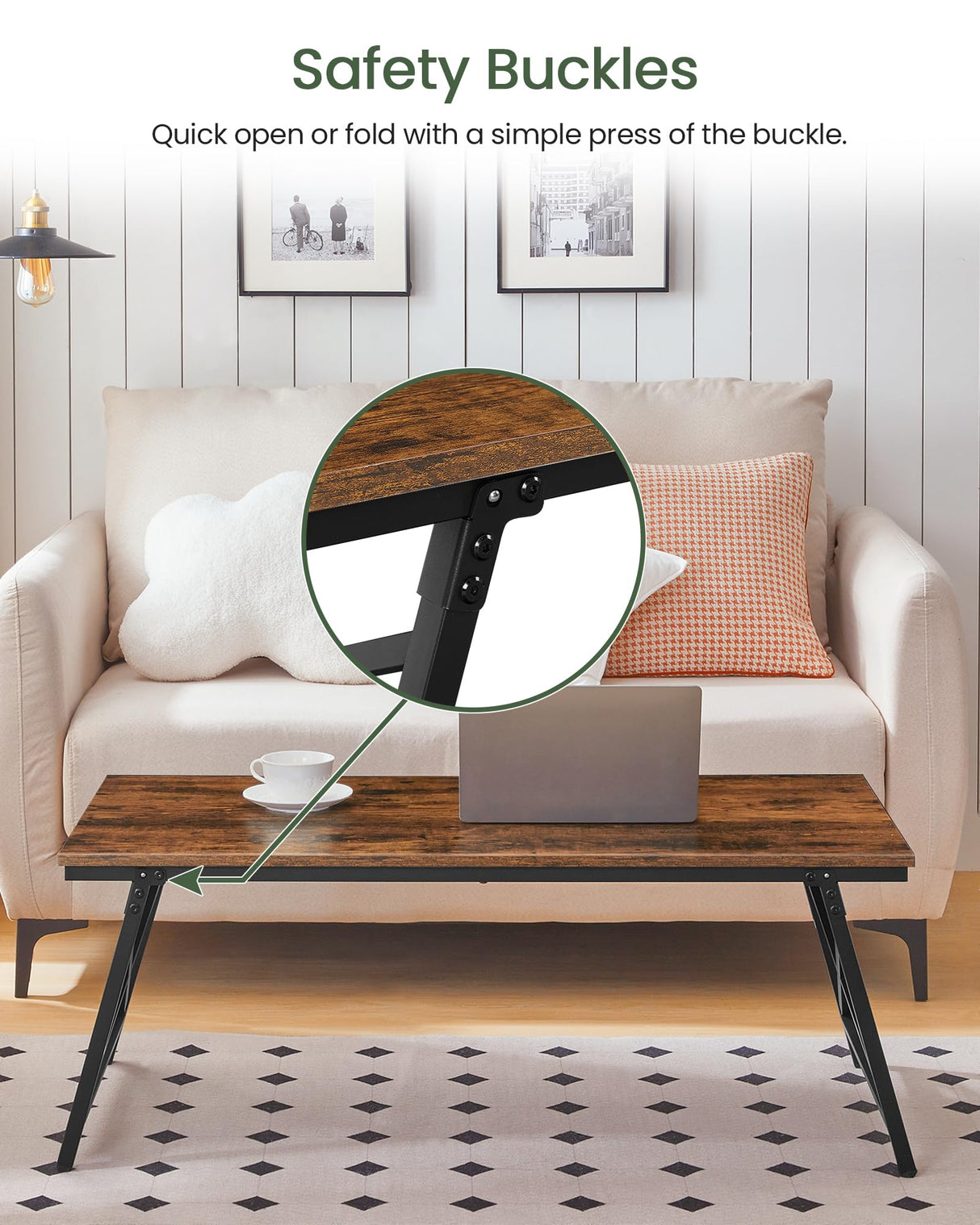 CHOEZON 41.3" Folding Coffee Table with Safety Buckles, Low Coffee Table, Portable Floor Table, for Sitting on The Floor, for Living Room, Bedroom, Balcony, Caravan, Rustic Brown and Black TKF01BF