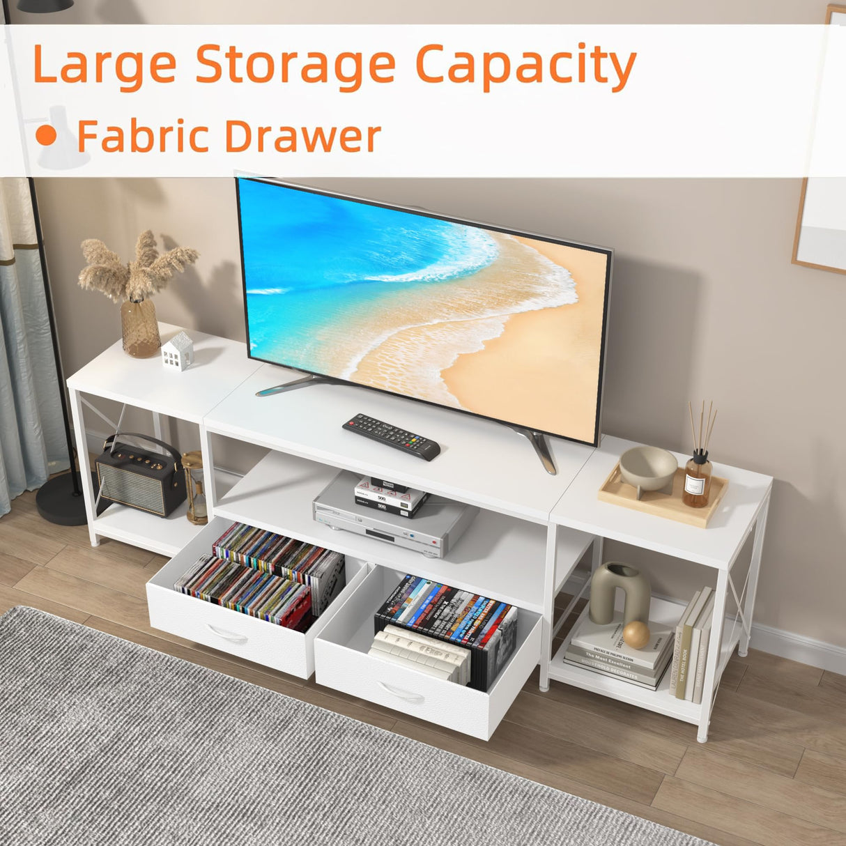 GYIIYUO TV Stand with Fabric Drawers for 55 60 65 Inches TV - Entertainment Center and Industrial TV Console Table with Open Storage Shelves for Living Room, Bedroom - 55.1" White GYIIYUO