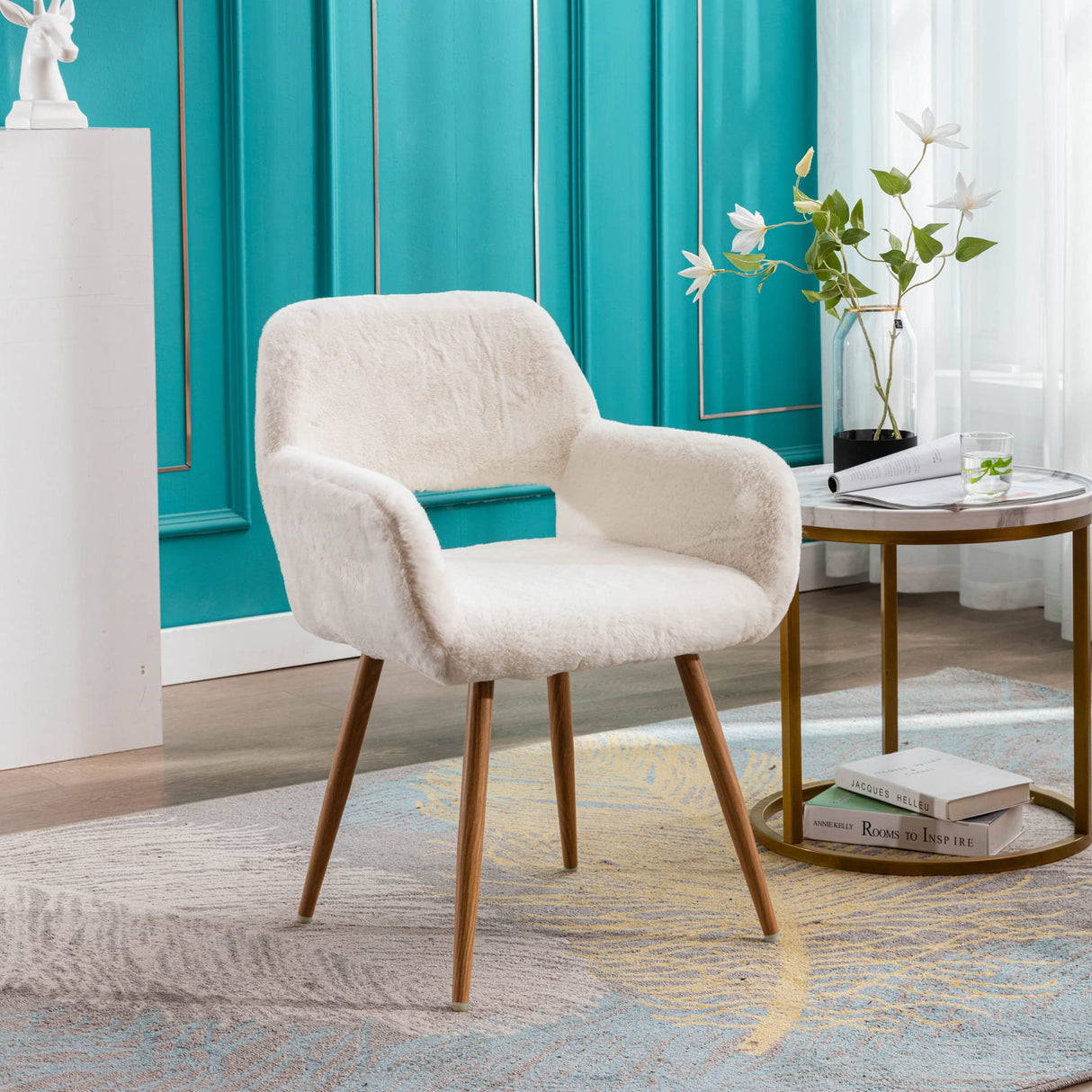 KCC Furry Desk Chair, Mid-Century Modern Accent Comfy Armchair with Faux Fur for Teen Girls, Wood Look Metal Legs Living Dining Room, Home Vanity Makeup Office No Wheel, White. KCC