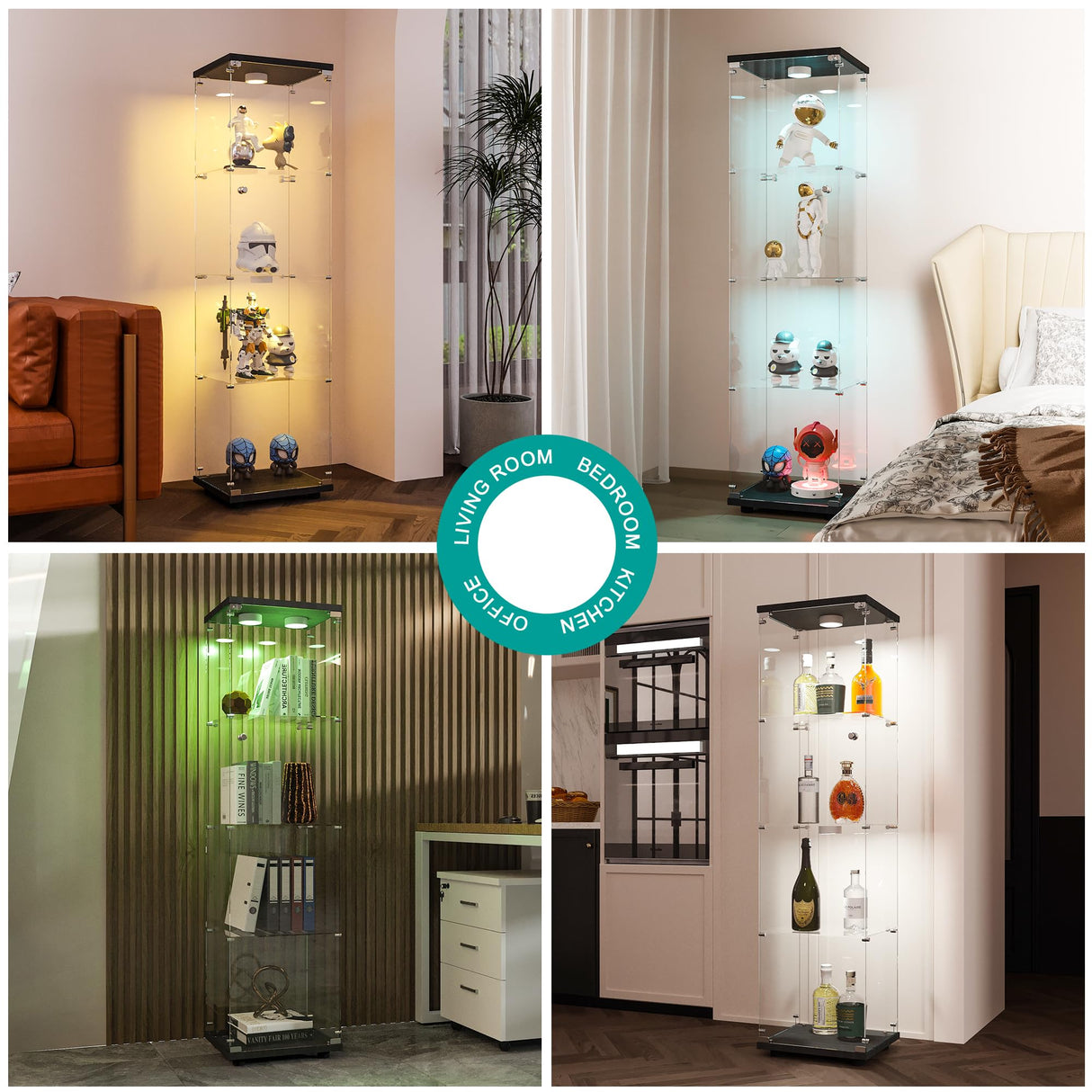 FANYUSHOW Display Cabinet with Glass Door and LED Light, 4-Tier Tempered Glass Display Shelf, Glass Curio Cabinet Collection Display Case, Display Case Cabinet, Black 64.7" H x 16.7" L x 14" W FANYUSHOW