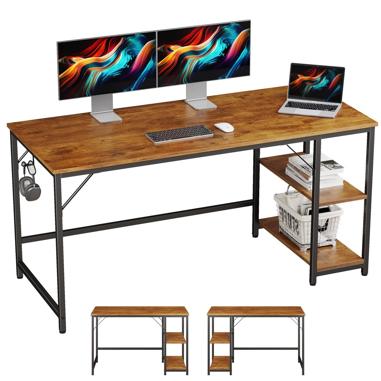 JOISCOPE Home Office Computer Desk with Wooden Storage Shelf, Office Desk and Gaming Table with Splice Board, 2-Tier Industrial Morden Laptop Study Writing Desk, 60 x 24 inches (Vintage Oak) JOISCOPE