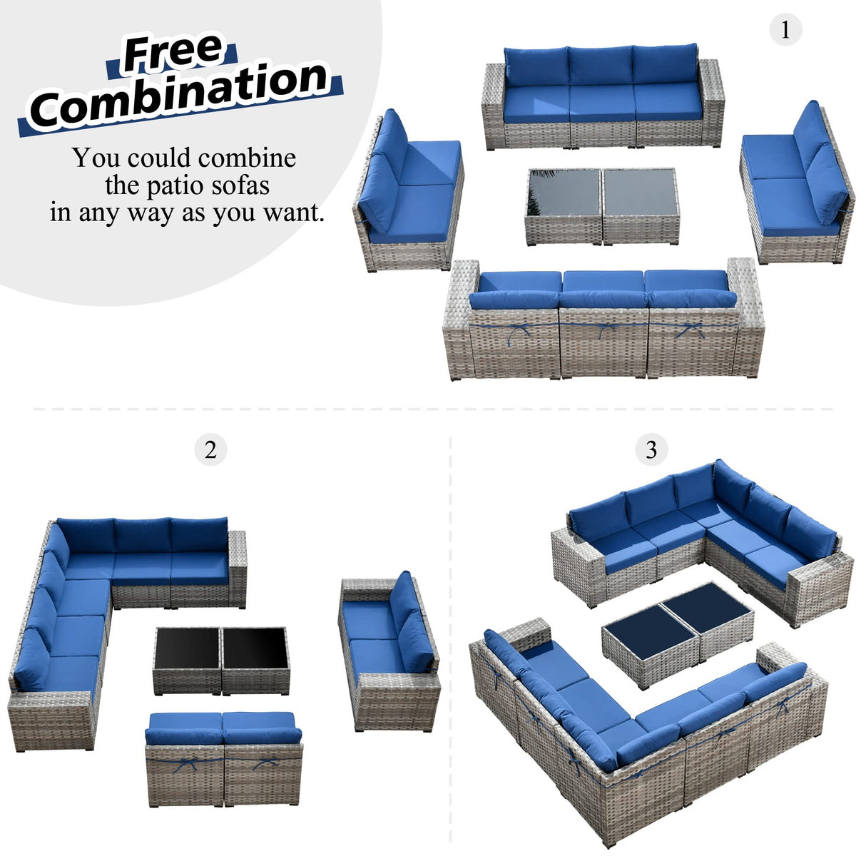 HOOOWOOO Outdoor Patio Sectional Furniture Sofa Set with Widened Armrest,12 Piece Large Modern Wicker Couch,Modular L Shaped Conversation Seating Set with Table for Out Door Garden Corner(Navy Blue) HOOOWOOO
