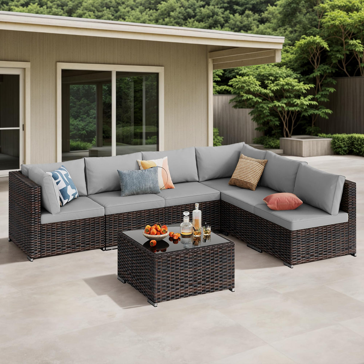 Qsun 7-Piece Outdoor Sectional Patio Furniture Set, PE Rattan Outdoor Furniture Patio Conversation Set with Cushions and Glass Coffee Table (Brown Rattan, Grey Cushion) Qsun