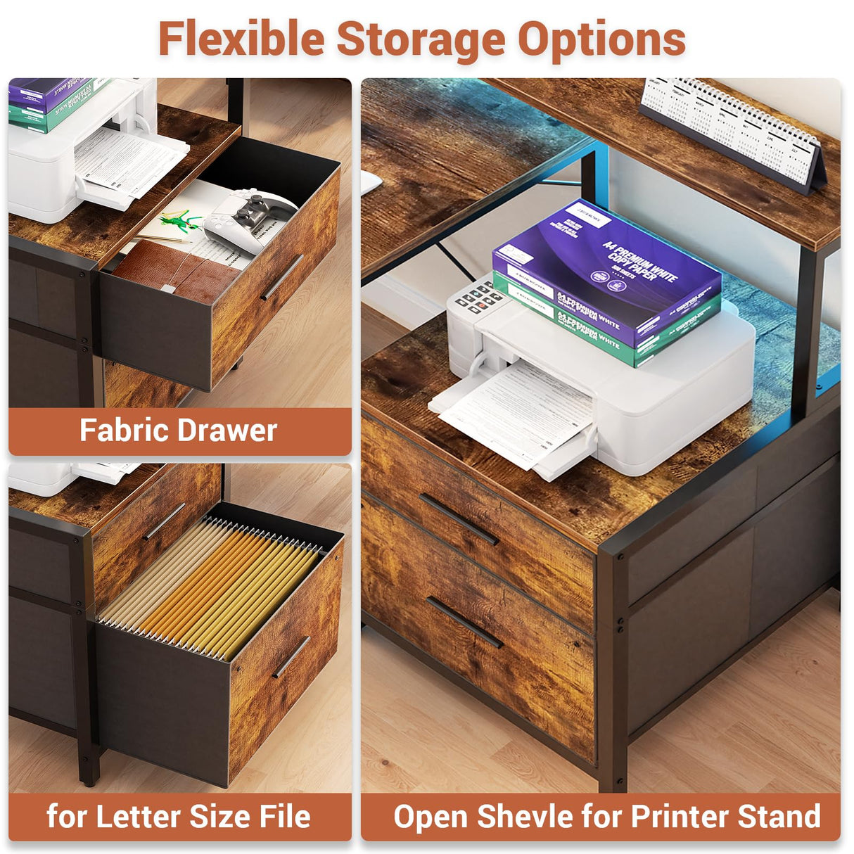 Aheaplus L Shaped Desk with File Drawer, 66" Reversible L Shaped Computer Desk with Power Outlet & LED Strip, Gaming Desk with Monitor Stand, Office Desk Corner Desk with Storage Shelf, Rustic Brown Aheaplus