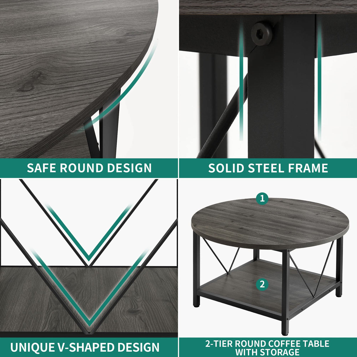 YITAHOME Coffee Tables for Living Room, Round Small Coffee Table with Storage, 2 Tier Modern Coffee Table, Wood Circle Center Table with Metal Frame, Dark Grey YITAHOME