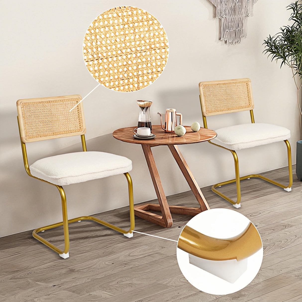 CangLong Mid-Century Modern Rattan Chairs, Upholstered Fleece Seat Armless Chairs with Rattan Backrest & Metal Legs for Home Kitchen Dining Room, Set of 2, Cream CangLong
