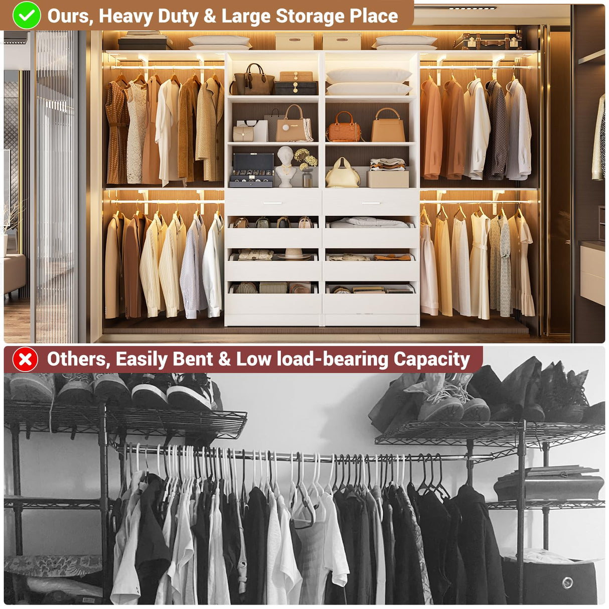 Aheaplus Closet System with 8 Wooden Drawers, Wood Closet Organizer System with Tower, Walk-in Closet Organizer Wardrobe Clothes Rack with 4 Hanging Rods, Garment Rack, Cut to Fit 7-12Ft, White Aheaplus