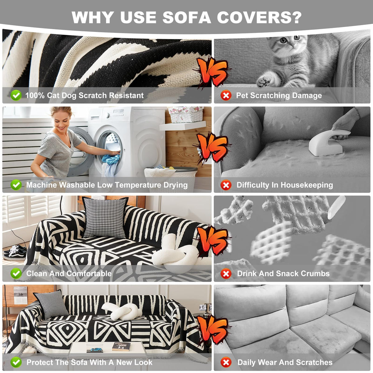 STACYPIK Thick Christmas Boho Couch Cover Chenille Cat Dog Anti-Scratch Sofa Cover Black White Plaid Sectional Couch Cover Washable Couch Protector for 2 Cushion Couch Futon Loveseat Cover-71x118IN STACYPIK