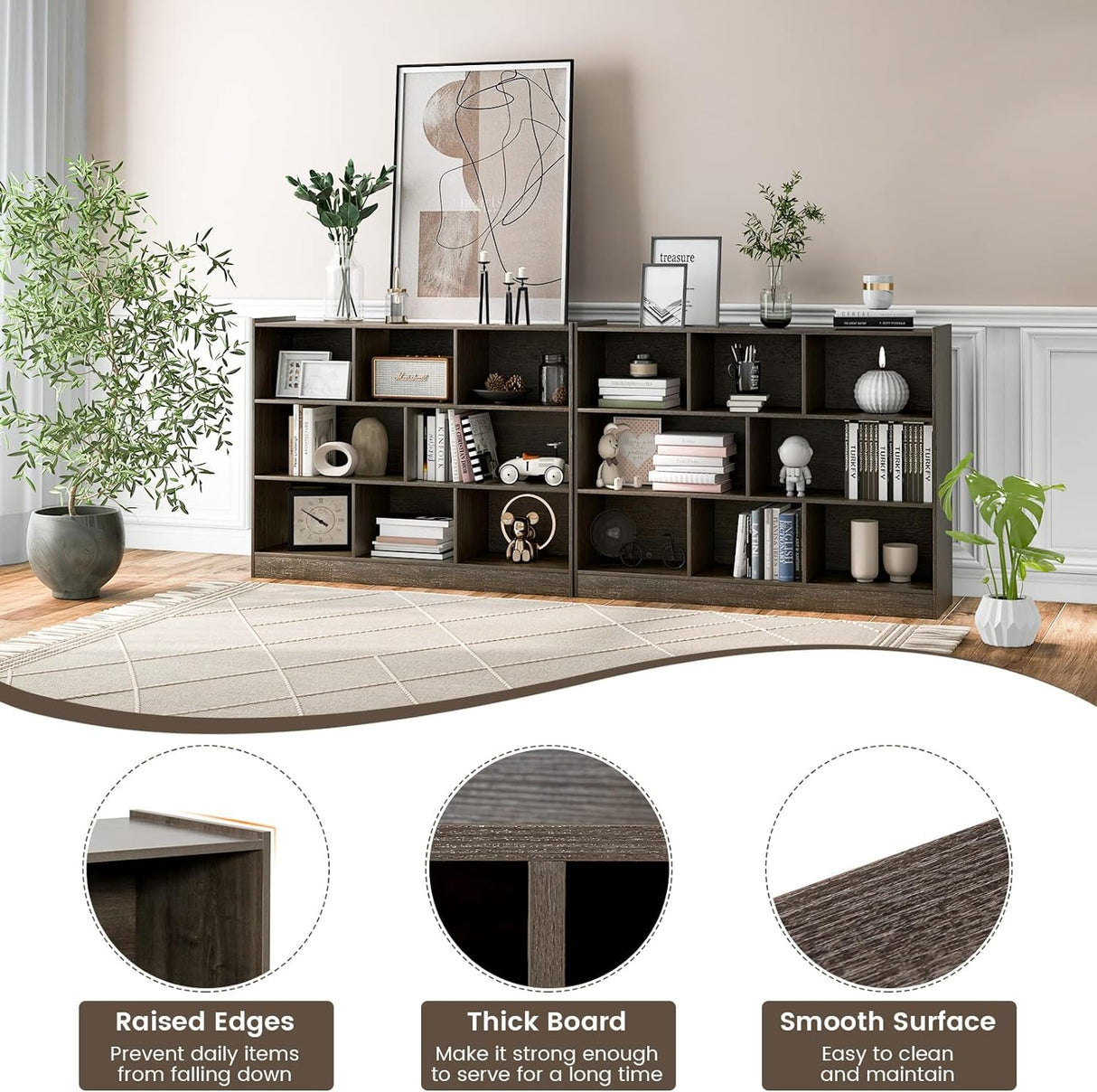 LDAILY 8 Cube Low Bookcase, 3 Shelf Horizontal Bookshelf, 3-Tier Storage Cabinet with Anti-Tipping Device, Modern Storage Shelves for Living Room, Classroom, Kids Room, Office (Gray) LDAILY