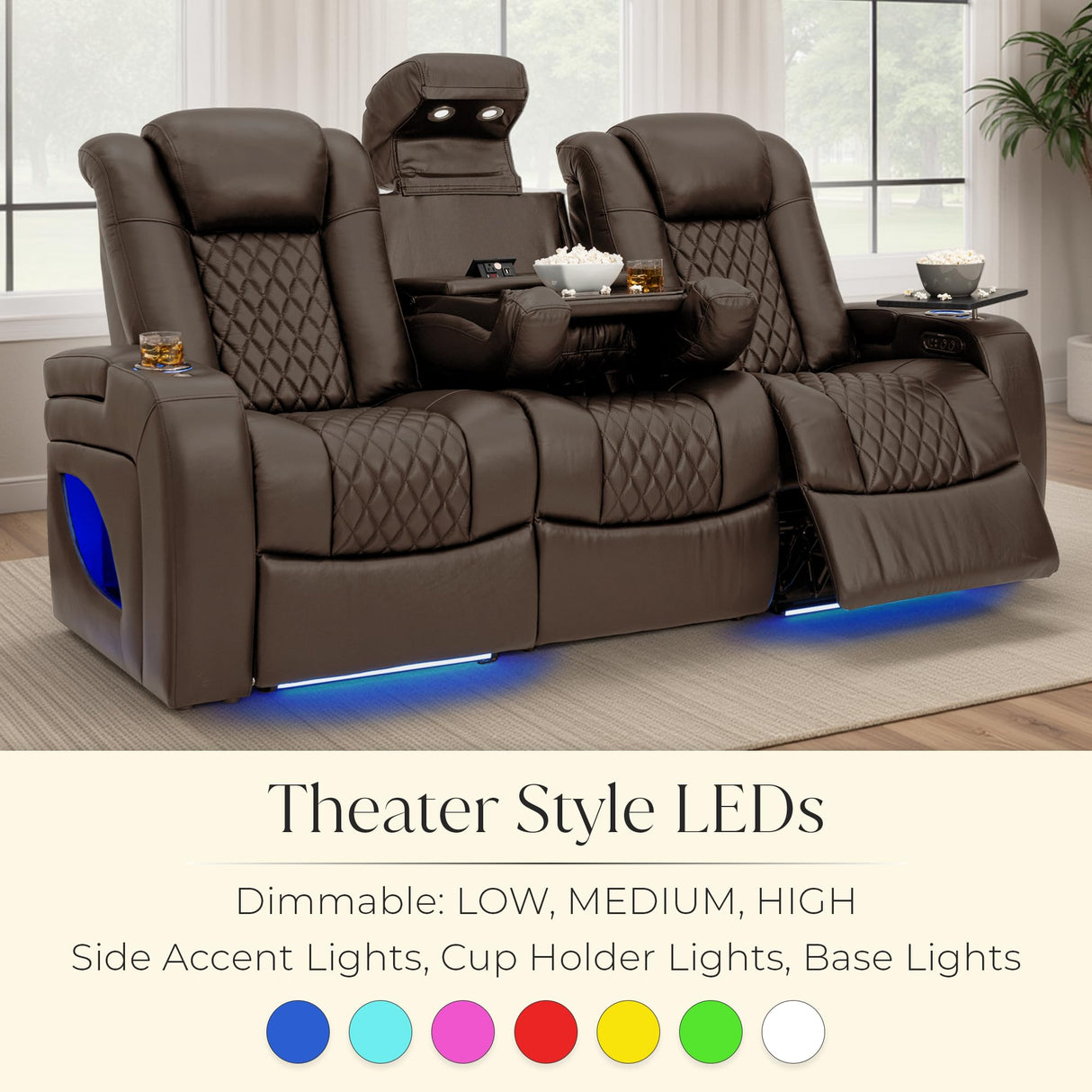 Seatcraft Anthem LT Zero-Gravity HeatZero Italian Leather Sofa w/Fold-Down Table Home Theater Seating, Heat & Massage, Power Headrest, Power Recline, Brown Seatcraft