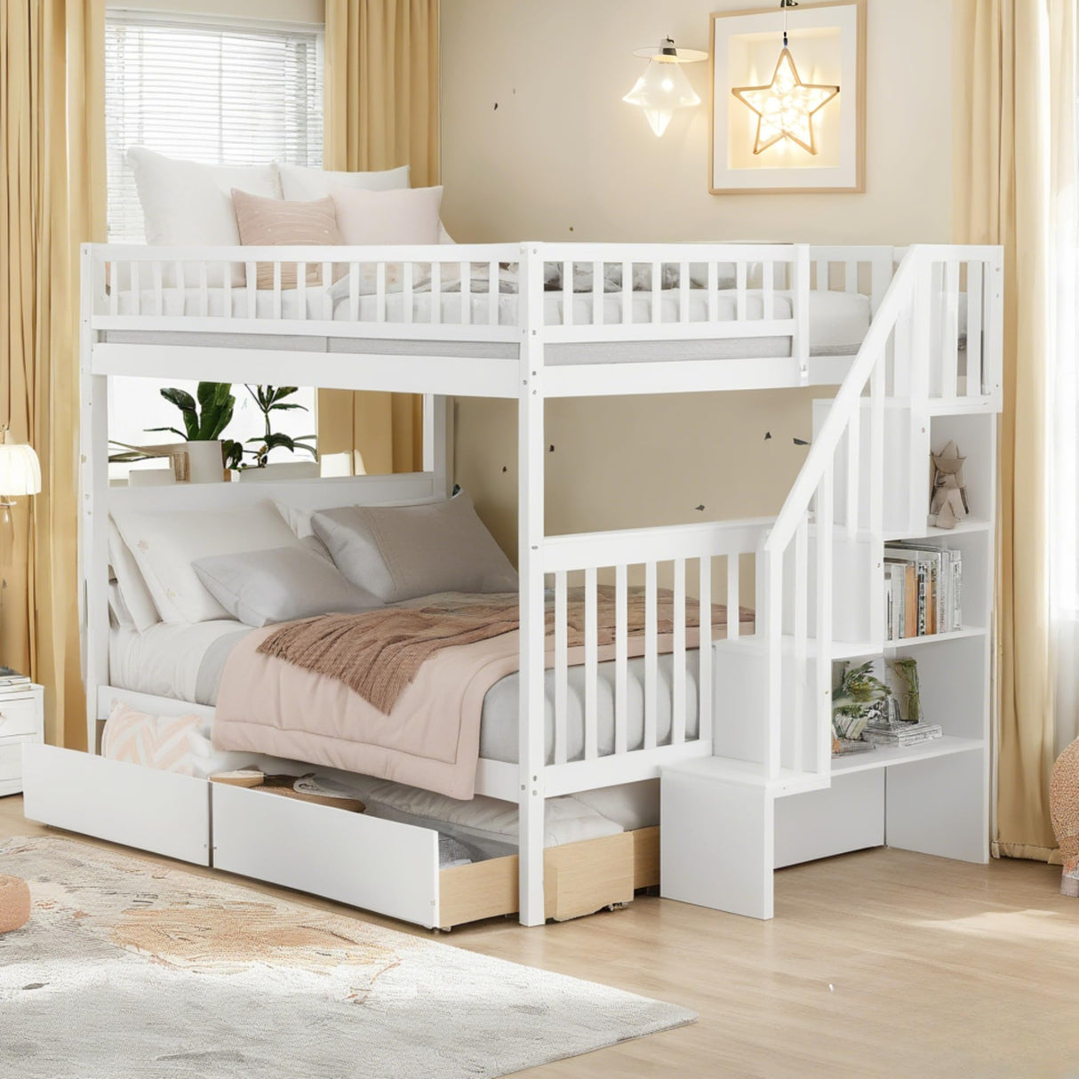Full Over Full Bunk Beds with Drawers and Stairs Stairway Bunk Bed Frame with Storage Shelves for Kids Teens Adult, Wood Full Bunk Bed for Boys Girls Adults, White Bellemave