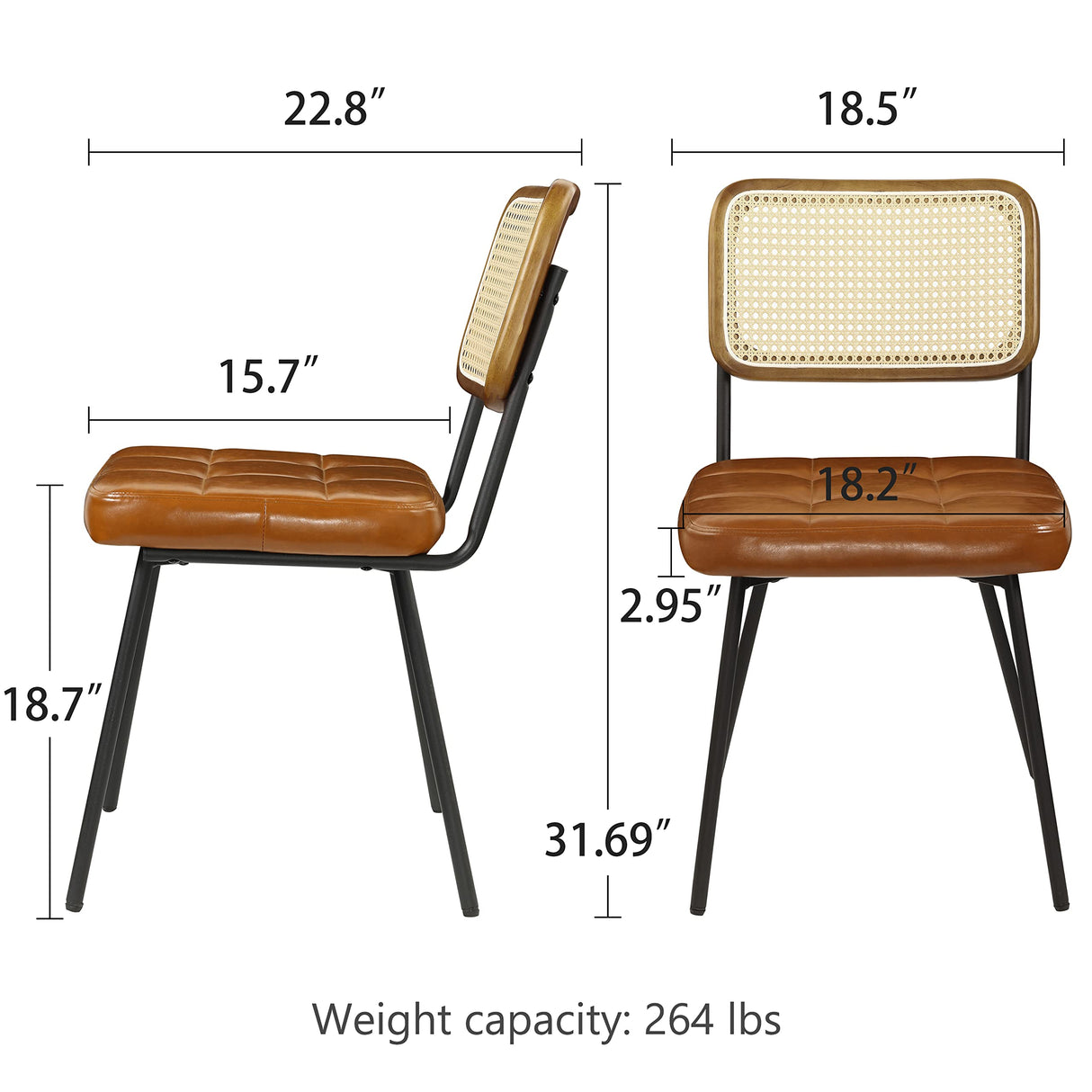Art Leon Rattan Dining Chairs, Set of 2, Rubber Wood Frame, Mid Century Modern Dining Room Chairs with Rattan Woven Back, Faux Leather Upholstered Kitchen Chairs with Black Metal Legs, Yellow Brown Art Leon