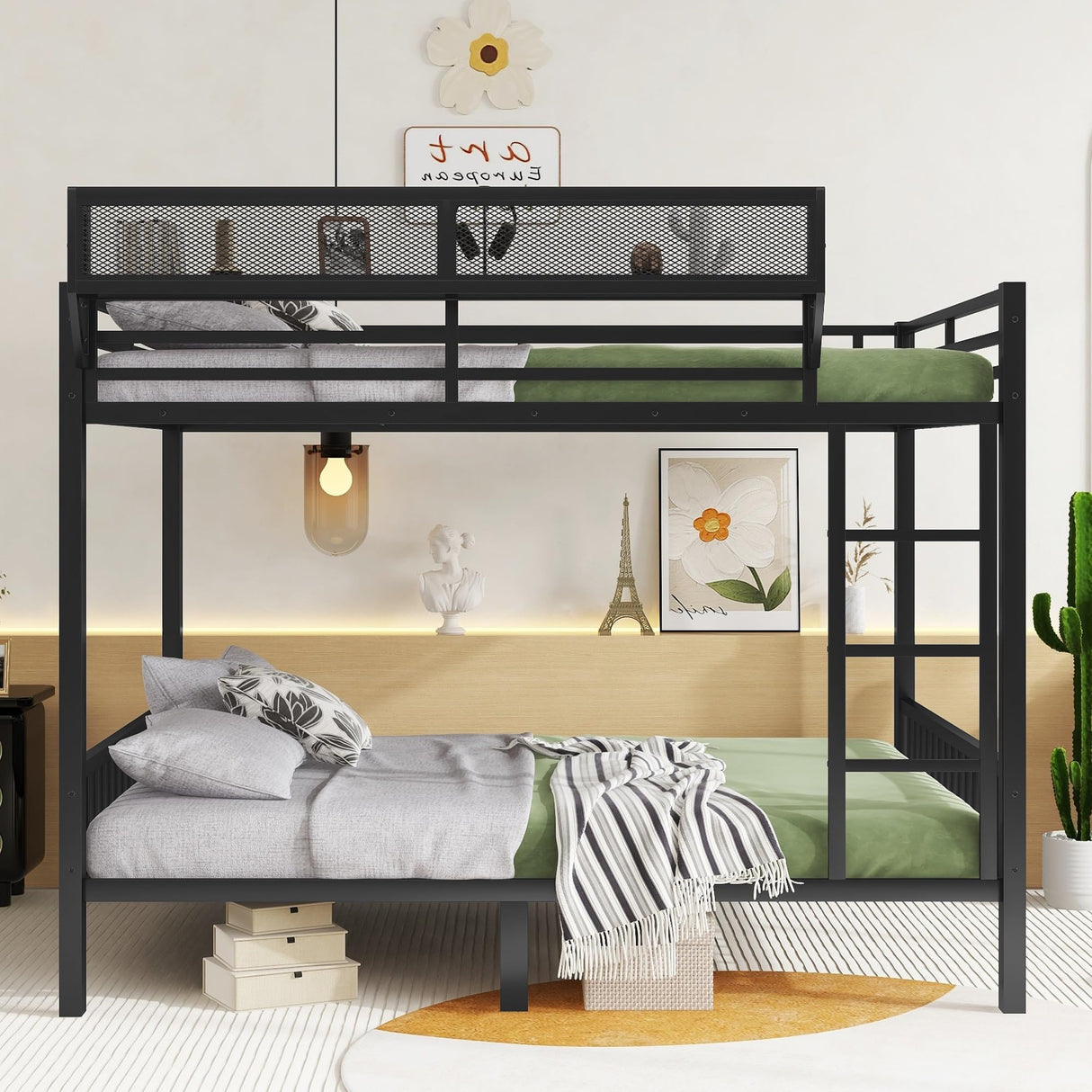 KEIKI Queen Over Queen Size Metal Bunk Bed Frame with Ladder and Built-in Storage Shelves, for Teens, Bunk Bed with Solid Slats, Guardrail, No Box Spring Required, Easy Assembly, for Bedroom, Black KEIKI